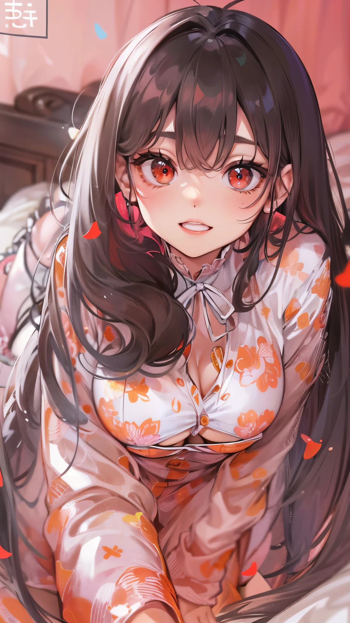 perfect anatomy, masterpiece:1.2, best quality, 8k, beautiful detailed grow, daydreaming expression, (Lying in bed), (solo straight black hair long hair femdom cute girl, , lovely red eyes, sexy smile, bigboobs), in a red pajamas dress, in the sweet bedroom.