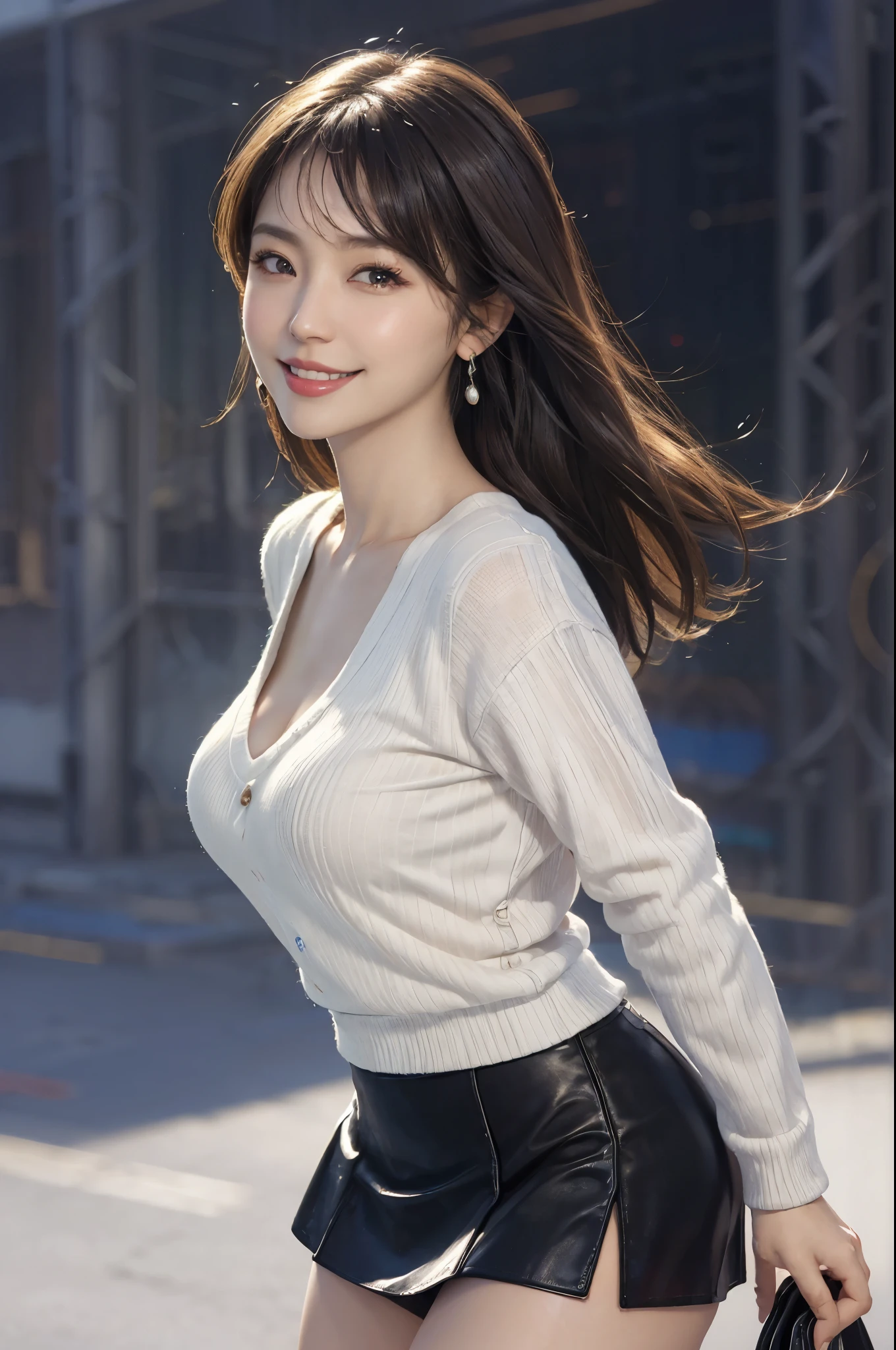 (RAW photo), (Realistic), (photo-realistic), ultra high resolution, masterpiece, highest quality, portrait, facial portrait, perfect lighting, detailed lighting, dramatic shadow, ray tracing, 1 Japanese beautiful mature lady, 40 years old, Voluptuous, cleavage, plump body type, symmetrical eyes, beautiful detailed brown eyes, chubby lips, red lips, Super high resolution perfect beautiful teeth, big tits, big ass, big thick thighs, abs, muscle, long wavy hair, black hair, earrings, half open mouth, smiling, looking at viewer, (V-neck Sweater:1.2), (Tight mini skirt:1.2), revealing clothing, Japanese street,