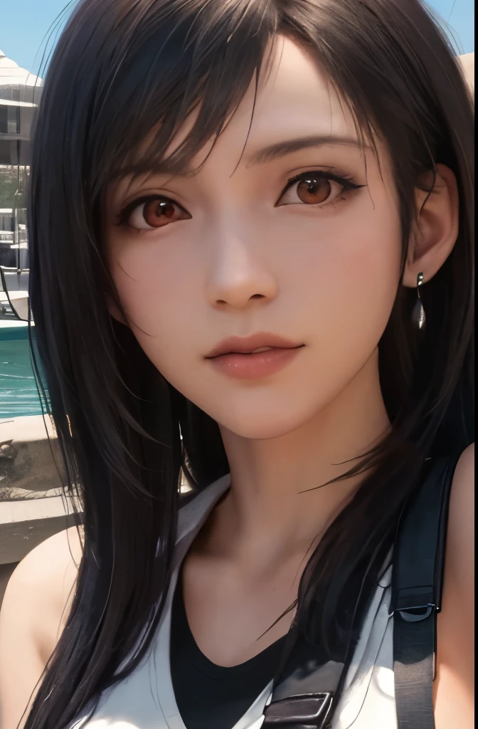 (masterpiece), (highest quality), 8K resolution, super detailed, super detailed, realistic, picture, photorealism, (1 girl), Tifa, Final Fantasy, Tifa・ロックハート, Light of the sun, cinematic, cool pose, concrete wall,metal pipe,Red eye for details,detailed double eyelids,dark brown short hair,slender body shape,model body shape,bustBcup