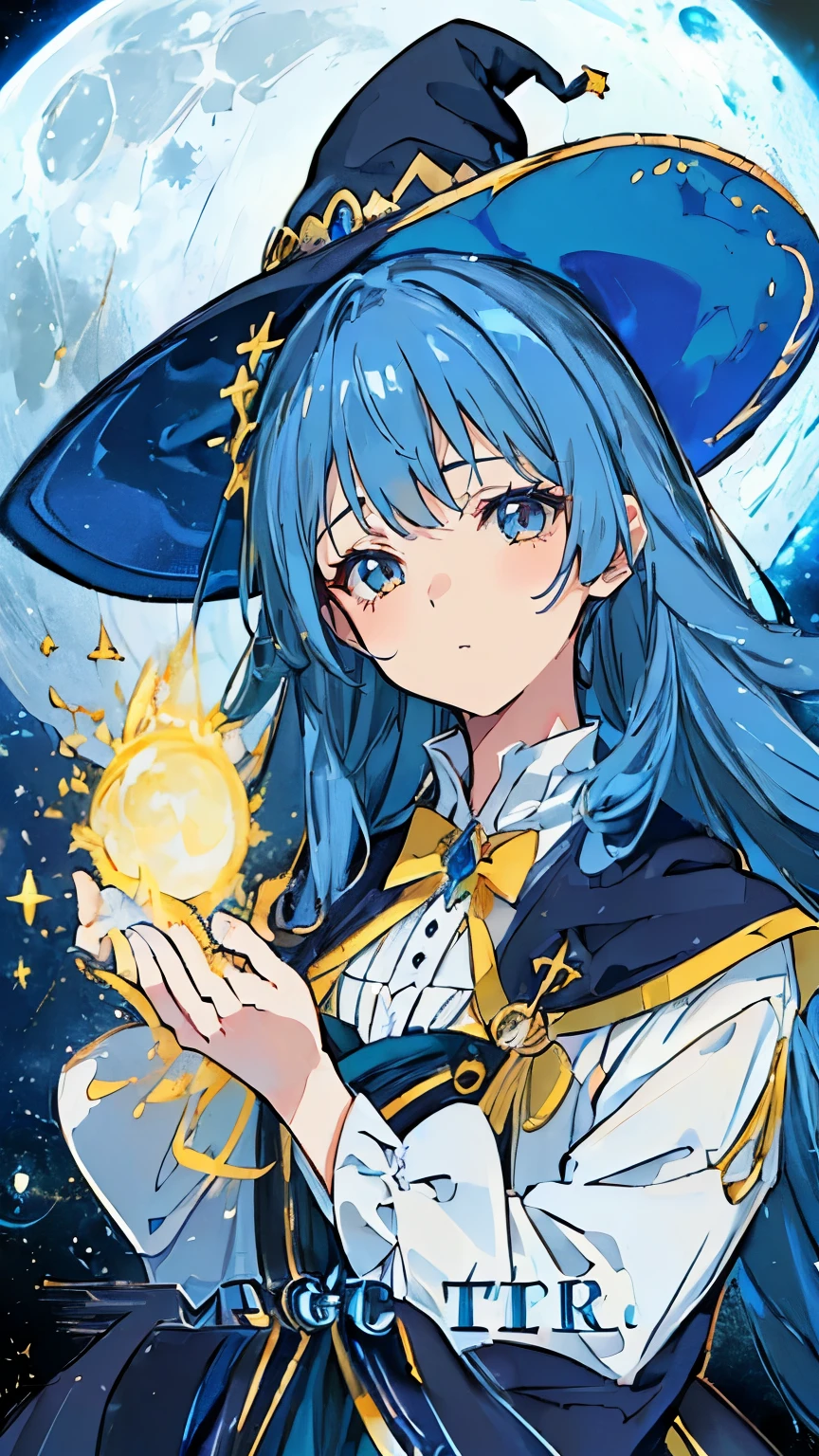 ((magic使いの女の子:1.5)), perfect face, beautiful face, highly detailed face,(blue hair_yellow eyes:1.3),(witch hat:1.3),star,shine,Light,smile,magic,Sparkling,moon