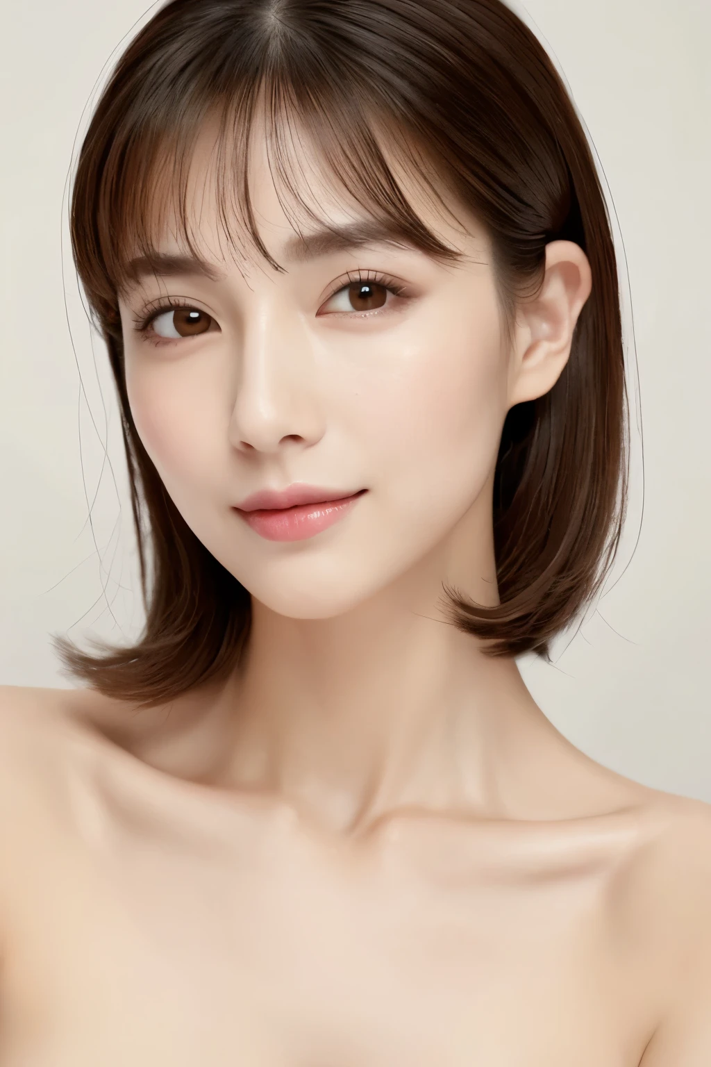 ((masterpiece, top quality, high definition)), 1 girl, (photorealistic: 1.4), solo, white background, snow-white background, mouth closed, happy smile, pretty black hair, short hair, big eyes, clear double eyelids, eyelashes, ears out, absolute area, ((face close-up)), (drawing all head, shoulders), 30 years old, Attractive proportions, glossy skin, clean collarbone, face in golden proportion, perfect face, teardrop mole, mole on chest, bangs, clean bangs, beautiful bangs, lip gloss, thin lips, pale skin, naked, small breasts, small face, head all drawn, shoulders all drawn, staring at the camera slightly upwards