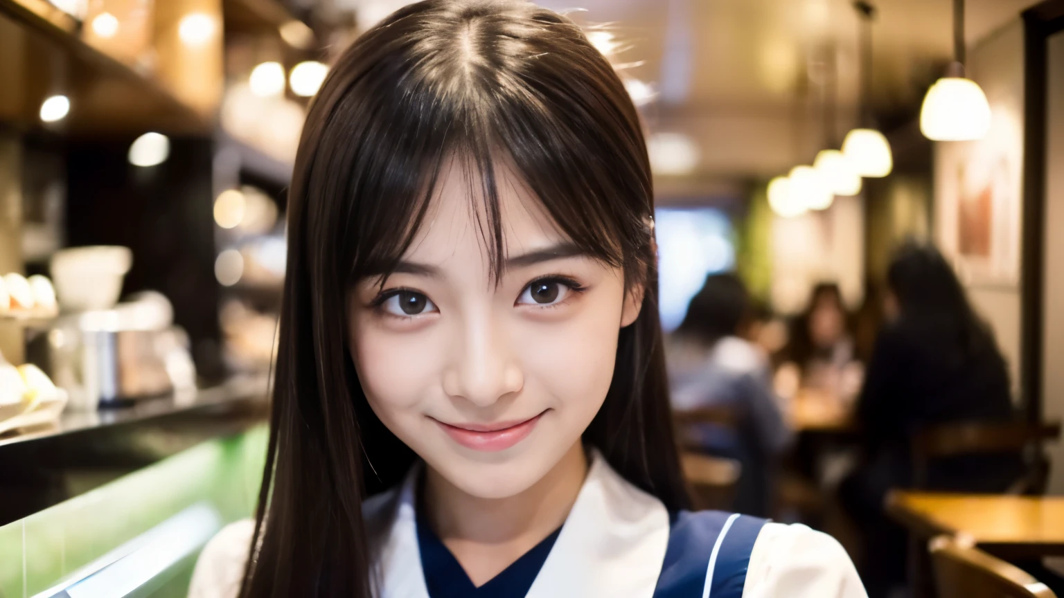 ((最high quality, 8k, masterpiece: 1.3)), perfect face,A picture of a beautiful Japanese college girl sitting like a model inside a fashionable cafe in New York.,I see other customers enjoying themselves.。At the back of the cafe、Staff are busy working at the counter.、You can feel the vibrancy and stylish luxury of a city cafe.., sharp focus, 1 girl, sexy 1.2, , (big: 1.5), fine eyes, Beautiful eyes with slit length, double eyelid, (cat face), (cute Face), cute Smile, (close your mouth), (cute), soft skin, show the whole body, surreal, Super detailed, high quality, (A beautiful college girl who is kind and considerate.), ((詳細な非常にcute女子大生)), ((The season is spring)),Gaze at your boyfriend,