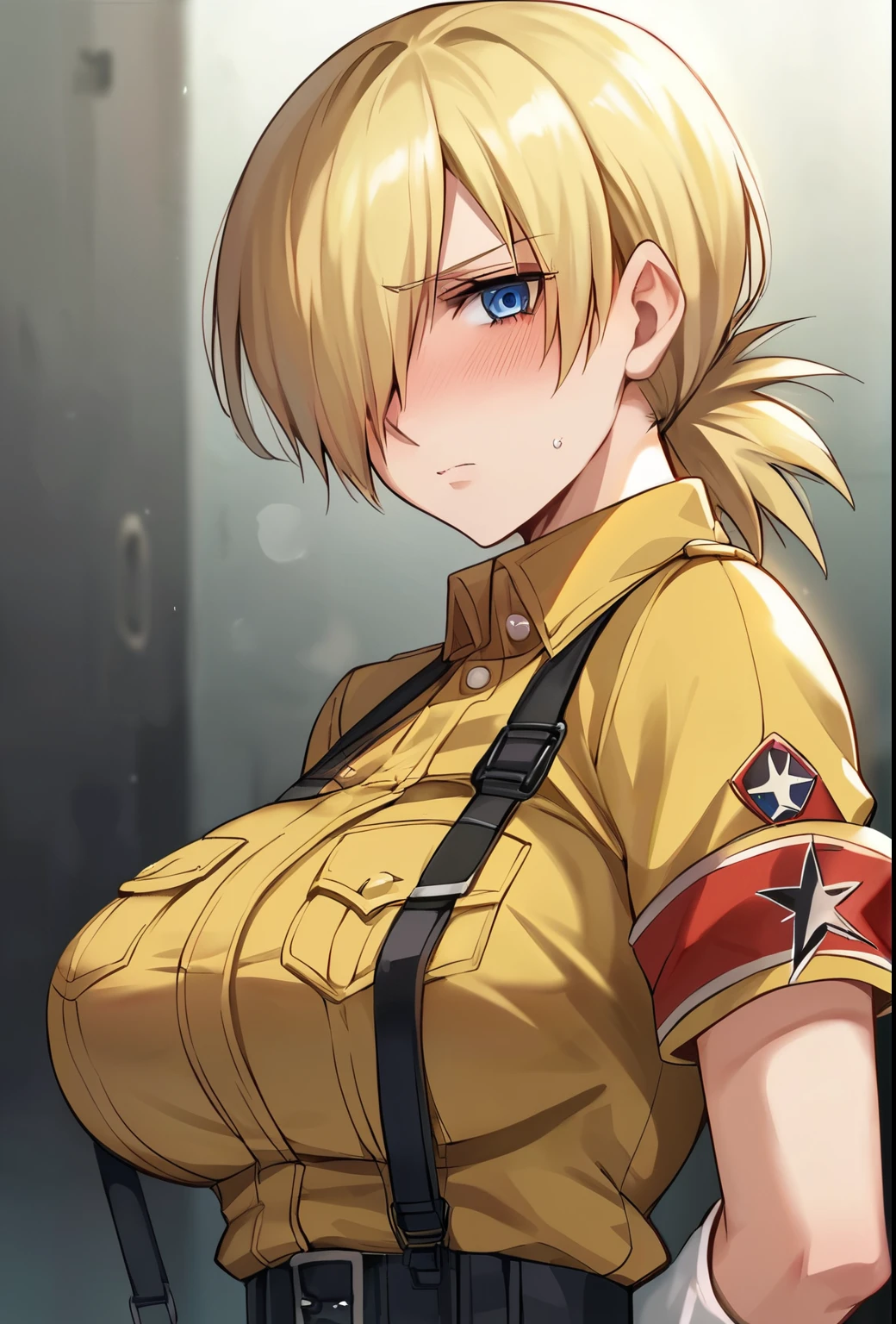score_9, score_8_up, score_7_up, source_anime, solo, 1girl, seras victoria, hellsing, blush, shy, looking at viewer, arms behind back, blonde hair, hair over one eye, blue eyes, yellow shirt, short sleeves, white gloves, sexy, humongous breasts, large breasts, boob window