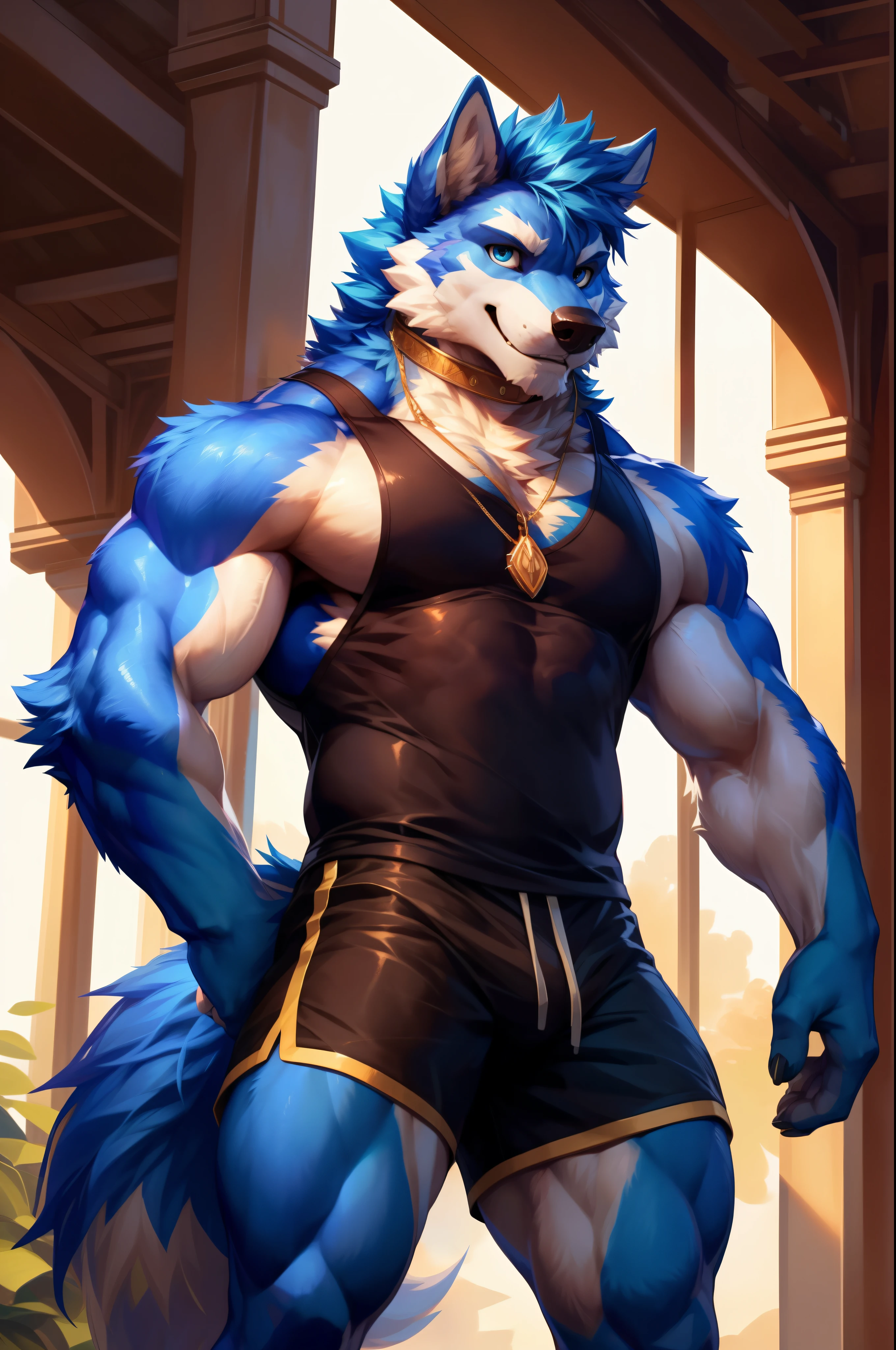 solo,anthro,furry,furry male, Wolf, ((fluffy fur,fluffy,furry body)), (Blue fur, ancient Wolf print), (blue body), Blue mohawk, blue eyes, short messy hair, tail, blue hair, sky blue eyes, detailed fluffy fur, black sport tank top, detailed face, detailed eyes, dark blue shorts, Gold trimming, gold trim, black tank top, crest, string necklace, crystal, blue pendant, detailed clothes, shirt, detailed tank top, tight shorts, metal collar, gold straps, white muzzle, full body, muscular, fantasy outdoors, (by null-ghost, by racoon21, masterpiece, high quality,hi-res,8k had), standing,close-view portrait, looking at viewer, indoor, lights, happy expression, smile, dark shadows, flowers, pose, gym equipment, sunny day,