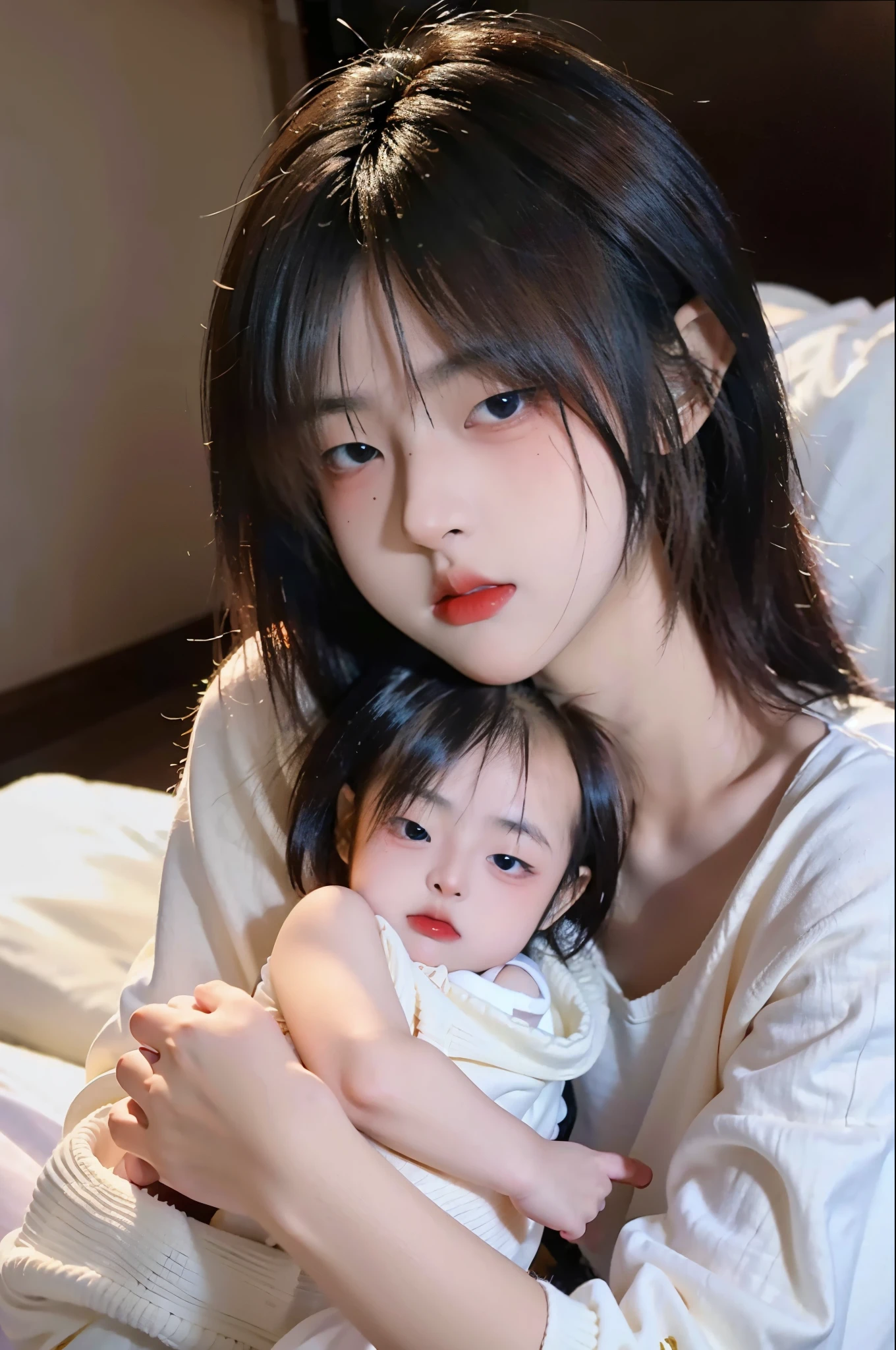 (8k, RAW photo:1.2)detailed face and eyes,最high quality, 超A high resolution, very detailed ,intricate details、bedroom、Holding a baby、pretty girl , soft movie-like light, hyper detail,sharp focus, high quality, dripping from