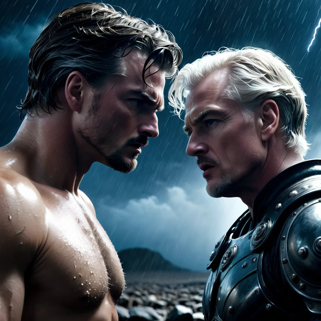 Final Showdown, aesthetic, extremely detailed, A color photo titled "The Final Showdown" depicts a tense face-off between a protagonist and antagonist under a moonlit, threatening atmosphere. Sweat and ready muscles hint at an imminent battle while shadows and distant thunder enhance the foreboding mood. The urgency is palpable, suggesting a ticking clock and the world's fate in balance. The scene is shot with a vintage Nikon F5 camera, offering precise details and shallow depth of field that highlights the characters. Christopher Nolan directs, Roger Deakins handles cinematography, and Alexander McQueen styles the costumes, infusing the scene with suspense, immersive visuals, and avant-garde elegance.