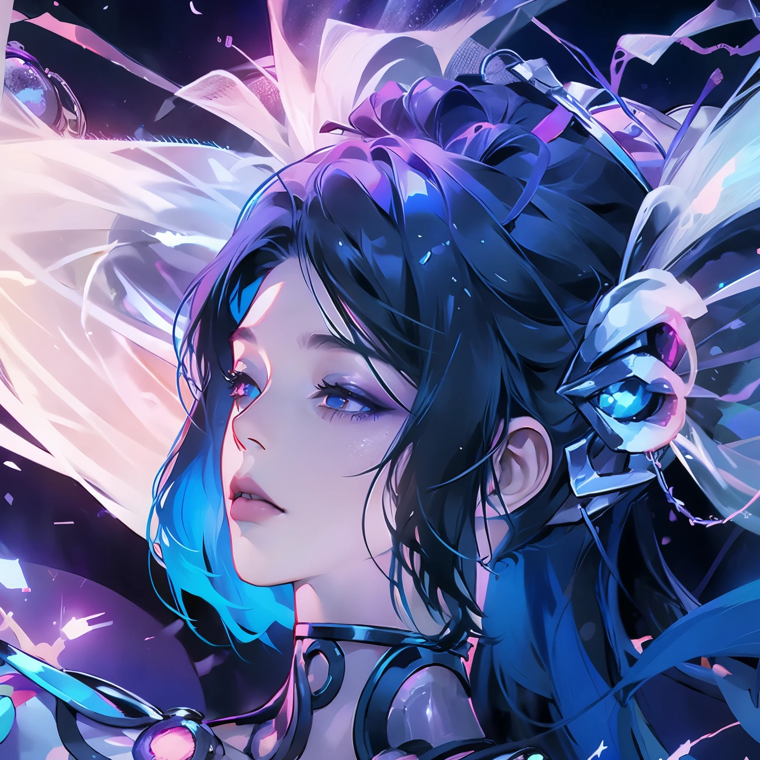 A girl with blackhair, with blue cyberpunk outfit, in a colorful meadow, at night
