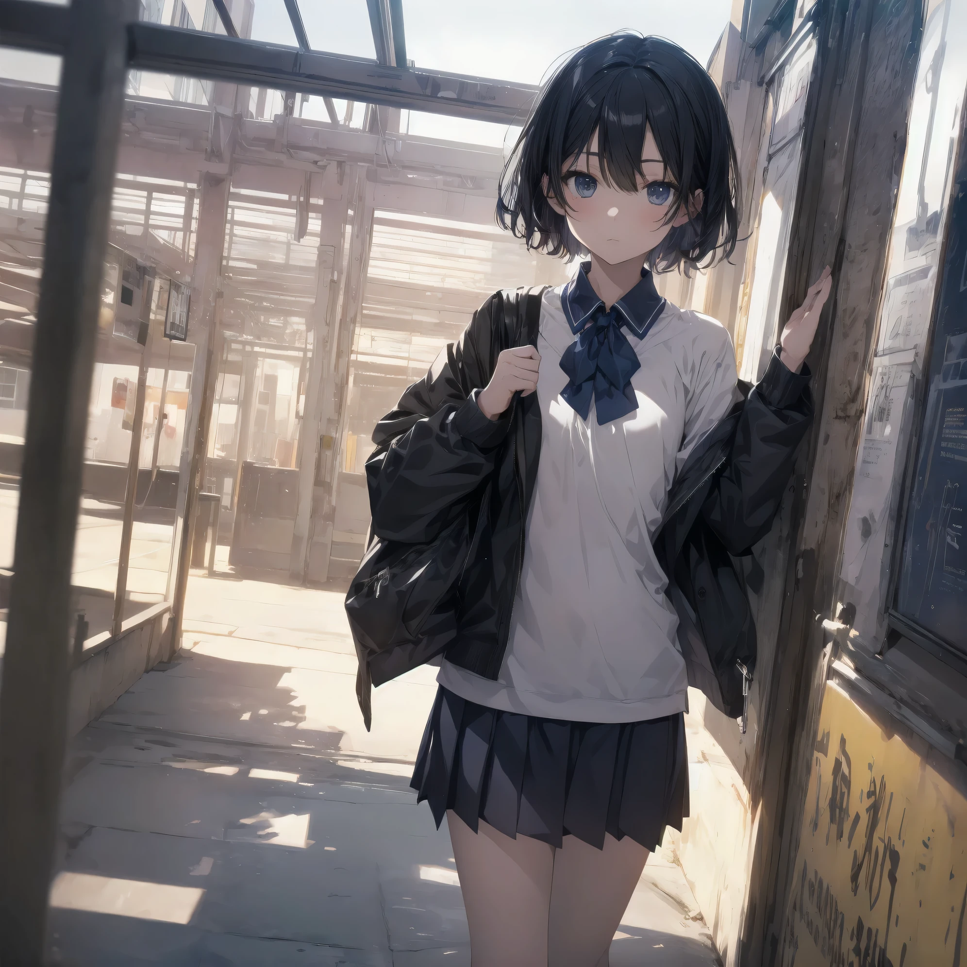 Super absurd quality by the god of art, super detailed, High resolution, anime moe art style, Best Anime 8K Kona-chan Wallpaper, pixiv contest winner, perfect anatomy, break,(眠そうにalone学校へ行く女の子を描いてください. )break,1 girl, (alone,little woman, 13 years old:1.3),All limbs, full finger,, The charm of an immature body, (very_short hair), bangs,flat chest, small ass, between legs, small eyes, small black eyes, detailed and beautiful eyes, Well-proportioned iris and pupils, expressive eyes, High resolutionの詳細な髪, neck ribbon, skirt, collared shirt, pleated skirt, school uniform, school bag,(detailed lighting), (detailed background), On the way to school. break,super dense skin, Best cinematic lighting powered by famous artist, 8k,beautiful illustrations,photoshop_(Moderate),Absurd Hi-Res,Hmm,rough skin,break,((artist:dark black,)) artist:Rinzo, artist:mitsumi misato,artist:akinashi yuu