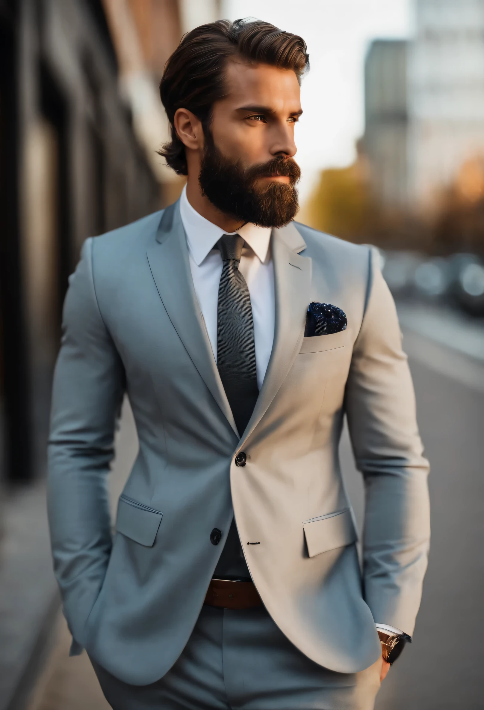 Attractive 30-year-old man wearing a Hugo Boss business suit. , Beautiful beard , Executive Sexy Man, Terno then, Front camera focus, fashion portrait, completely straight in front of the camera