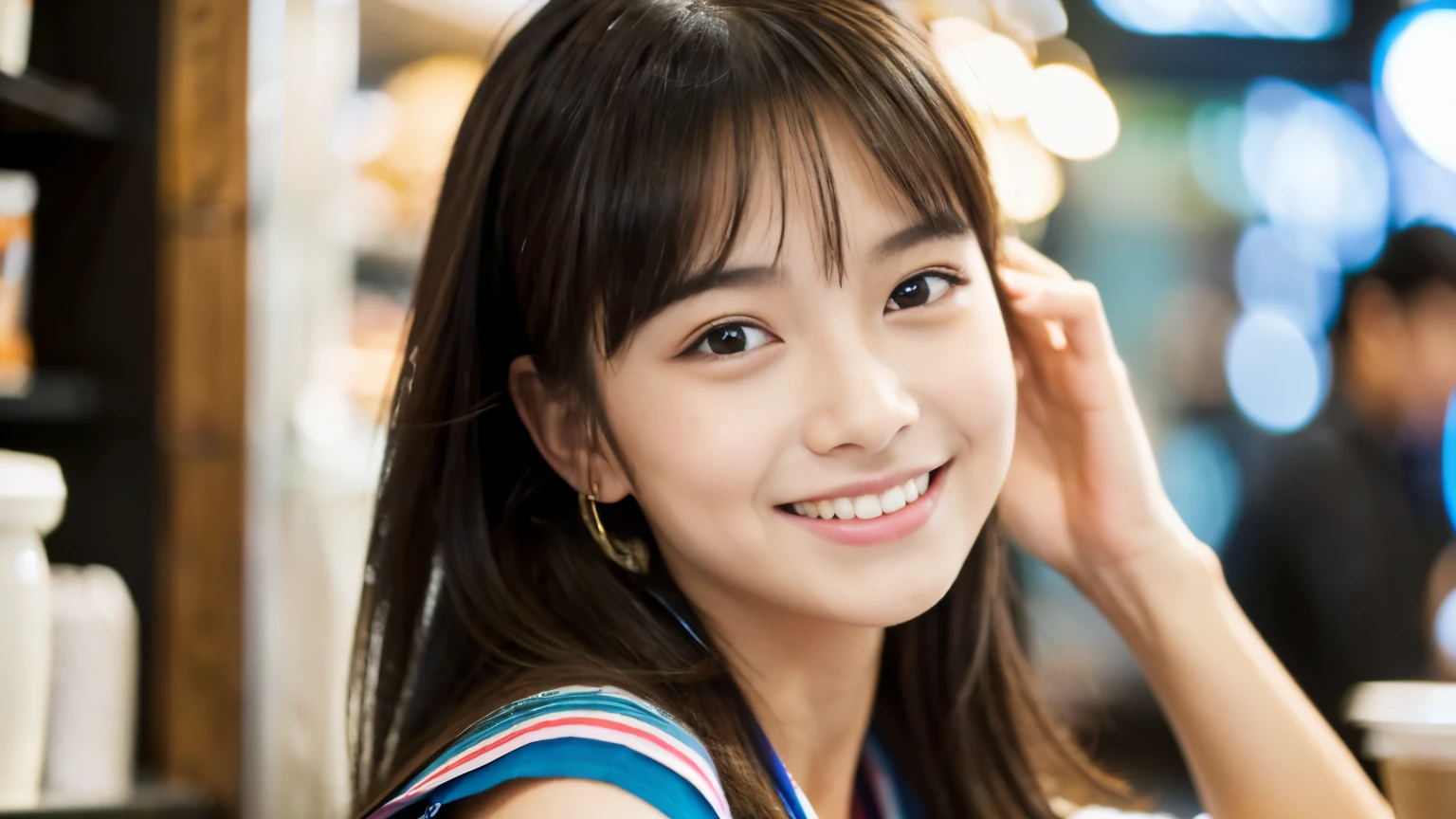  (8K, RAW Photos, Highest quality, masterpiece:1.3), (Realistic, photo-Realistic:1.4), (Highly detailed 8K wallpaper), Sharp focus, Written boundary depth,
 Japanese Idols,very cute,(Baby Face),sweater, Look at us and laugh, Upper Body, Highly detailed face and eyes,((Shiny skin:1.2)), Cinema Lighting, Soft Light, Blur the background, Bokeh,(office, Modern, stylish, Glass Wall, Open space:1.2)
