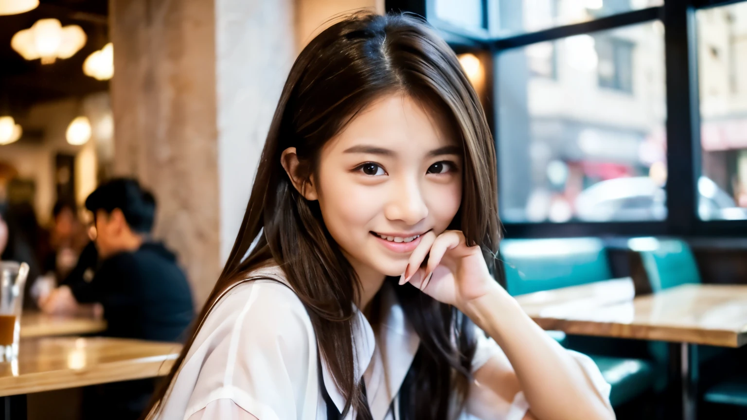 ((最high quality, 8k, masterpiece: 1.3)), perfect face,Inside a stylish cafe in New York、Draws a scene where a beautiful woman like a model is drinking a latte.,everything around you, I see other customers enjoying themselves.。At the back of the cafe、Staff are busy working at the counter.、You can feel the vibrancy and stylish luxury of a city cafe.., sharp focus, 1 girl, sexy 1.2, , (big: 1.5), fine eyes, Beautiful eyes with slit length, double eyelid, (cat face), (cute Face), cute Smile, (close your mouth), (cute), soft skin, show the whole body, surreal, Super detailed, high quality, (A beautiful college girl who is kind and considerate.), ((詳細な非常にcute女子大生)), ((The season is spring)),Gaze at your boyfriend