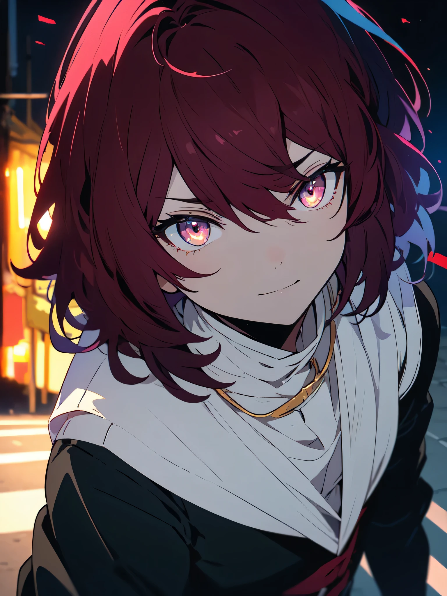 (masterpiece, highest quality、be familiar with)、(shining eyes), ((one young man)),((cool boy))、(burgundy hair,inner color)、colorful eyes,serious expression, evil smile,line drawing,((mash hair,short hair))、messy hair、(twist perm),(asymmetrical hair、two block hair),white blazer,black t-shirt,expressionless eyes,((beautiful animeスタイル))、(dark and serious background),(dark back alley)、(downtown at night)、beautiful anime