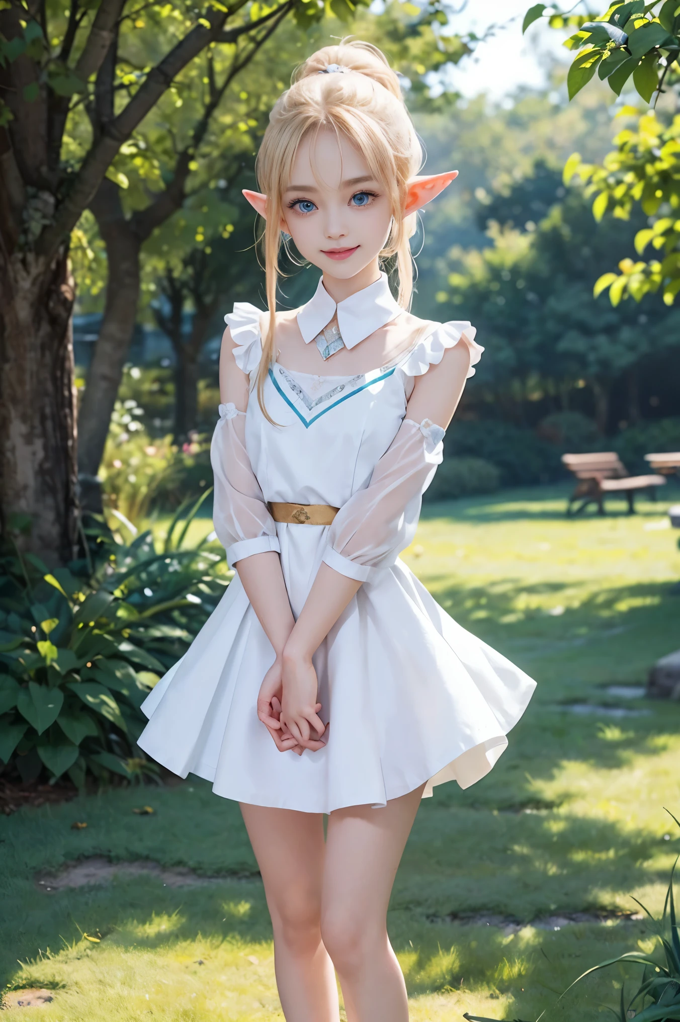 1 girl, ponytail、blonde、Divide your bangs into 73 equal parts.....、elongated eyes、Fished out eyes、alone, super high quality, hard focus, film grain, ultra high resolution,  girlの子、masterpiece, nice detailed crystal clear light blue eyes, narrow eyes、shining、full body shot、Milky white and clear skin、A costume with small white cloths crossed over the chest、very small mini skirt、elf pointed ears、long and thin legs、slender long arms、girl with a thin upper body、A girl with a thin lower body、slender lower body girl、slender upper body girl、girl with a tight waist、full body shot、whole body posture、Elf princess style girl、height: 140cm、elf pointed ears，1 girl, alone, super high quality, hard focus, film grain, ultra high resolution, 10 year oldrpiece, nice detailed crystal clear light blue eyes, narrow eyes、eye-catching、shining、full body shot、elf pointed ears、long and thin legs、slender long arms、girl with a thin upper body、A girl with a thin lower body、slender lower body girl、slender upper body girl、girl with a tight waist、full body shot、whole body posture、cowboy shot、Guts pose、smile、smile、歯を見せるsmile、Cheerleading Pose、jumping。