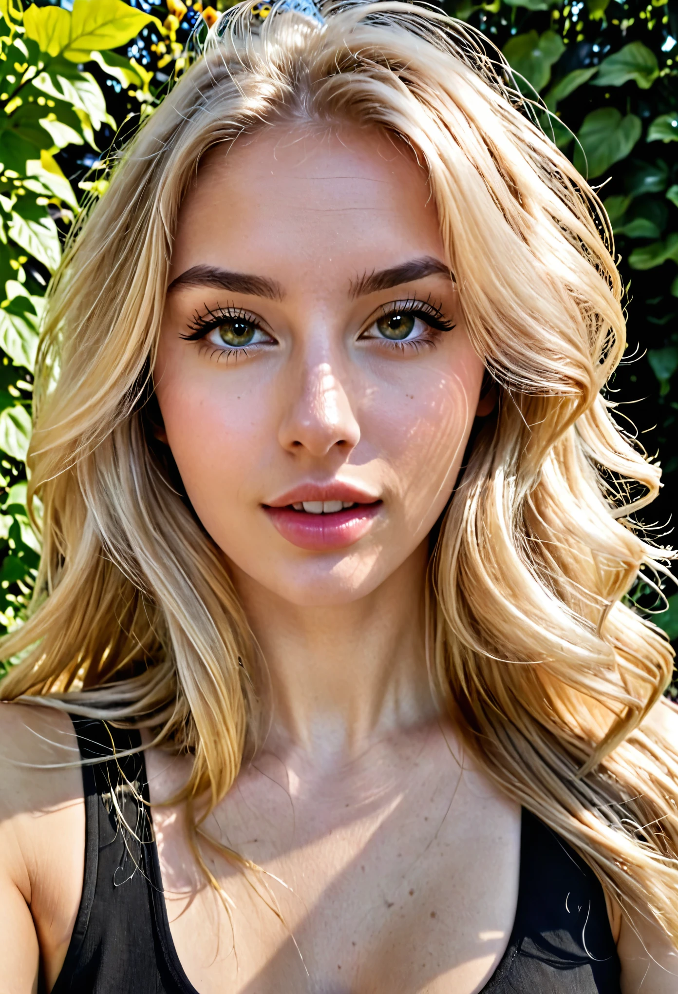 A 23 year old blonde woman, ((Big )), ((Hyperrealismus)) ,. blondes Haar mit hellbraunem Ansatz. blondes Haar, Haare mit braunen Wurzeln, extra langes Haar, sehr langes Haar, wirklich lange Haare, Nice, Vorderansicht, selfie, Foto mit iPhone aufgenommen, elegantes schwarzes Hemd mit Escote, tief geschnitten, selfie in the garden, good quality, selfie iPhone, Dekollete