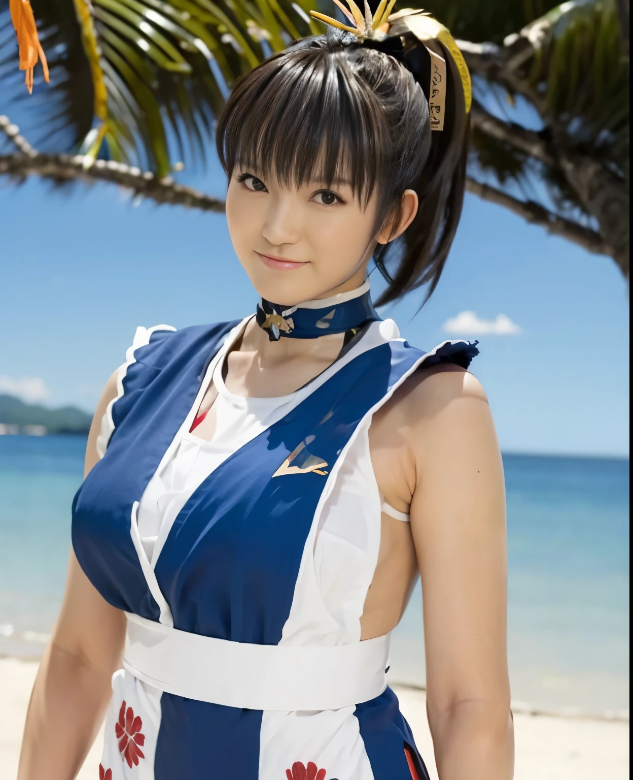 (highest quality:1.2),(perfect beautiful face:1.2),(perfect and beautiful posture:1.2),(japanese woman:1.1), ponytail hair,On the beach of a deserted island, smile, (Chunky muscular body:1.2),Ultra-high precision photos,clear eyes, (blue japanese clothes:1.0),(DOAKasumi:1.0)