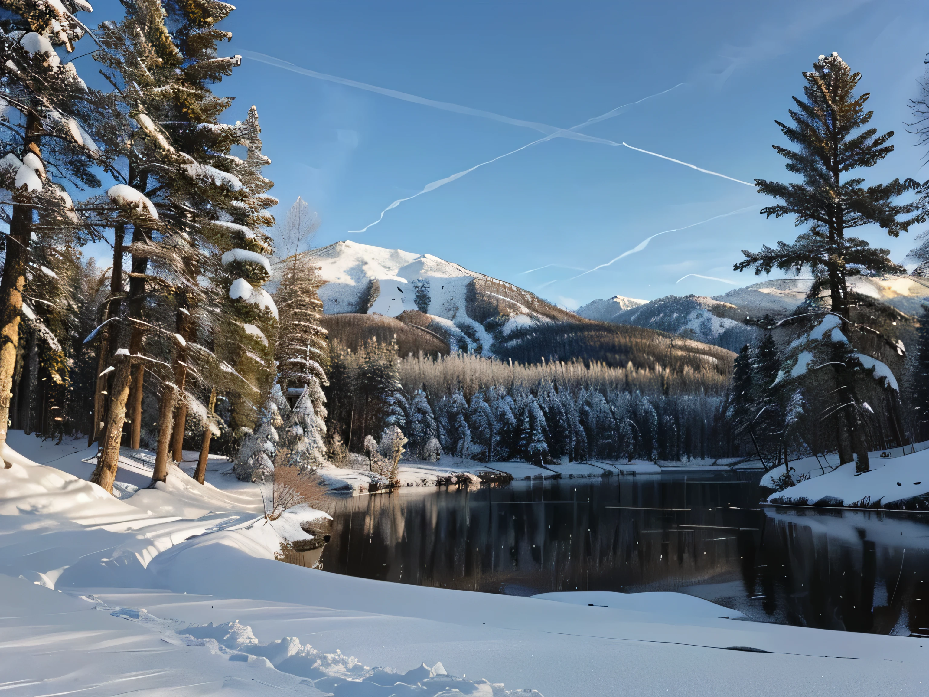 image d'une forêt enneigée pleine d'epingles, il y a un lac au premier plan de l'image