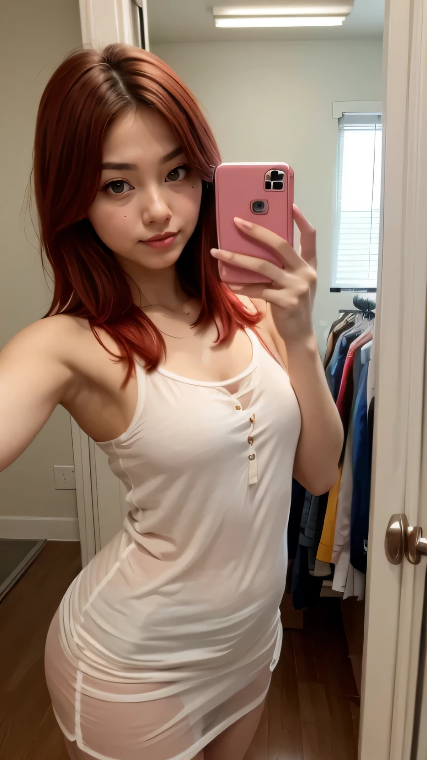 round face, doing a try on haul with her loose transparent camisole, light-colored pantyhose, transparent micro miniskirt, selfie, her closet, red-hair, 