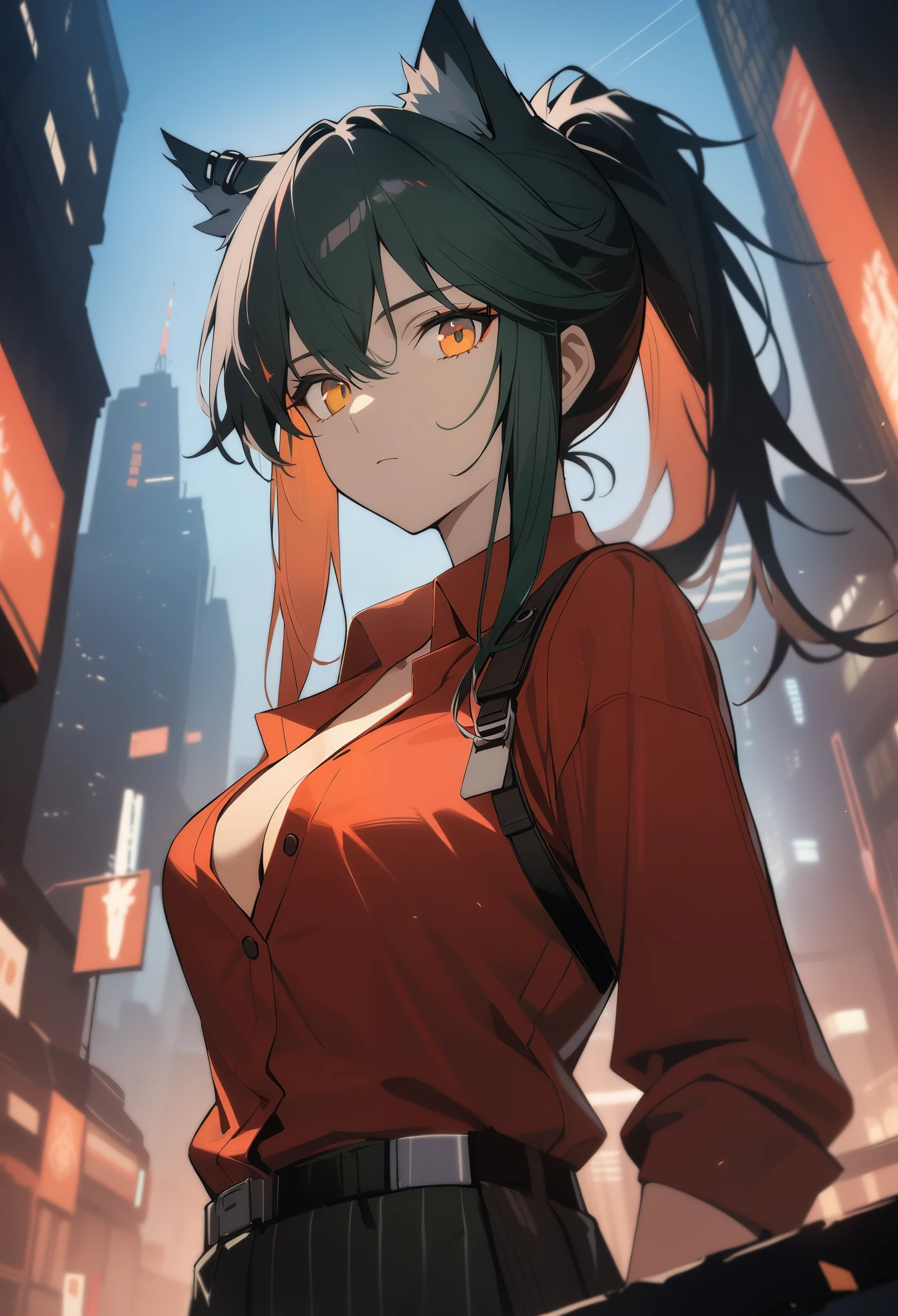 1girl, texas\(willpower)\(arknights), arknights, upper body, wolf ears, black hair, ponytail, yellow eyes, cleavage, expressionless, red shirt, (partially unbuttoned), looking at viewer, cinematic angle, night city, masterpiece, best quality