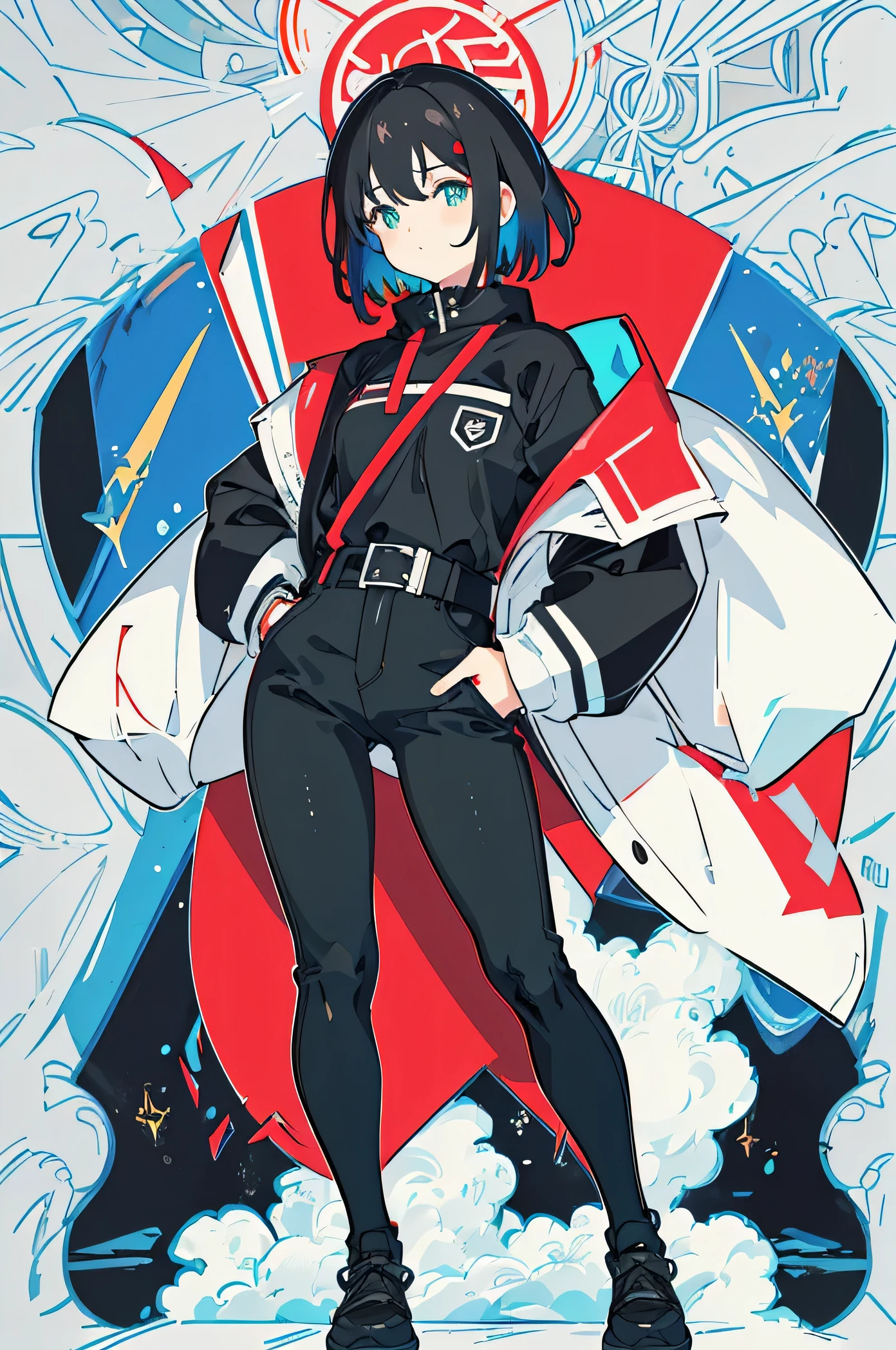 ４K wallpaper、（highest quality）(flat color：0.9)、figure、（colorful background）、Super detailed、Neon Art、1 girl、medium hair、black hair、whiteい服、open jacket、put one&#39;Hand in hand&#39;pocket of、Black skinny jeans、big breasts、leaning forward、white、red