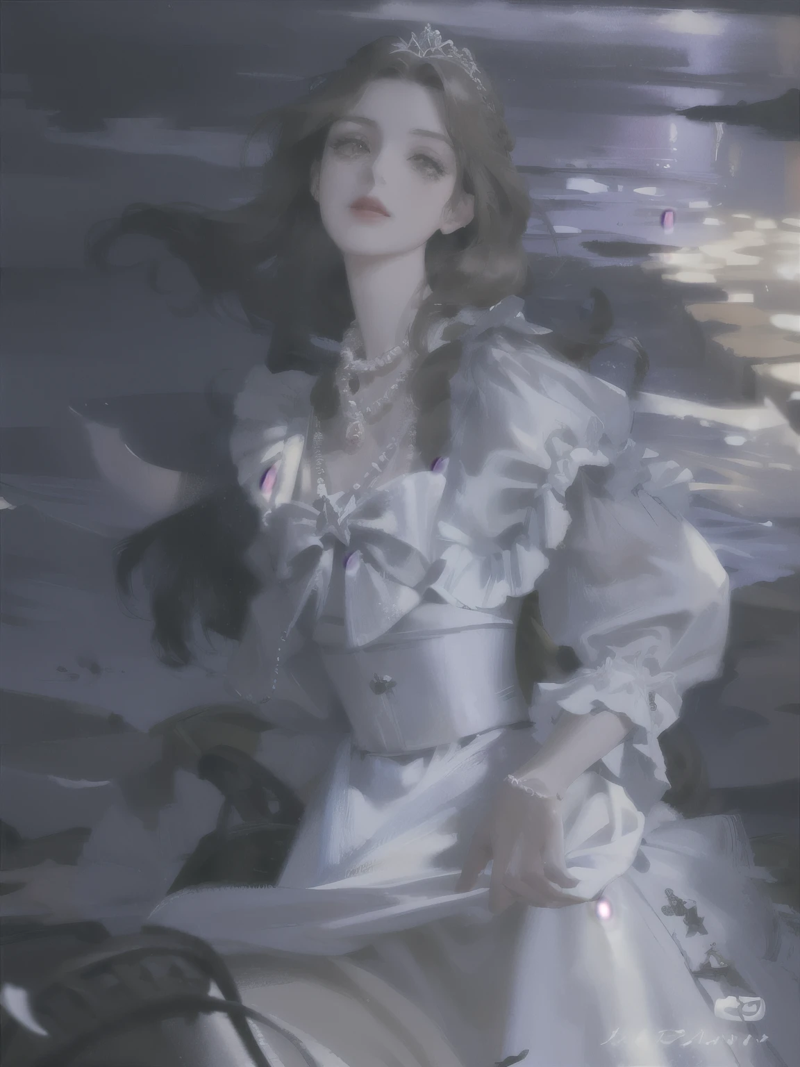 (highest resolution, distinct_image) best quality, hyper-detail, feminine masterpiece, high detail, oil painting style, semi-realistic, (most of the body), night, goddess, bright eyes, streamers, sea, lights, running, red lips, white dress, tiara, pearl necklace, vintage, hazy, brown eyes, fluttering hair, seaside