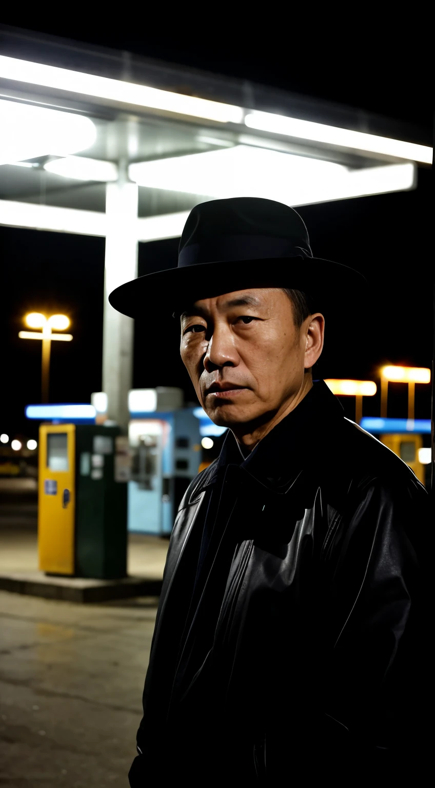 dark night，It&#39;s getting dark，Behind is a gas station，The gas station is brightly lit，Sixty-five years old，A Chinese male，gloomy environment，Wear a hat，Put your hands in your pockets，looking at camera，faint moonlight，Full body female love，serious face，clear face，realistically，terrible atmosphere，sense of story，horror film，Asian，The overall environment is terrible，The environment is dark