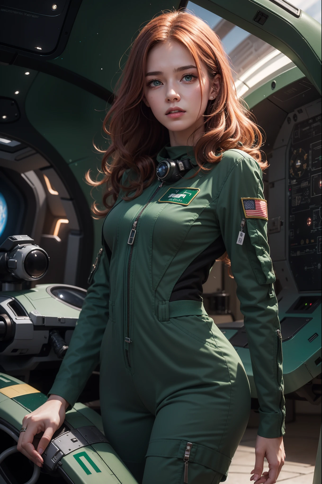 ((photorealism, high quality, detail)), (the whole body:1.10), ((it costs half a turn:1.10)) science fiction, Futuristic setting, Military, (girl-pilot of the space fleet), (girl-pilot of a spaceship), ((slender girl 25 years old, thin figure:1.7, small breasts)), attractive appearance, looks at us with seductive eyes, (sly face), very beautiful, ((redheads)) thick curly hair (shoulder length:1.5), blue eyes, ((dark green)) uniform, (((dark green space pilot jumpsuit))),
(medals:1.10), volumetric lighting, Sargent ISO1600 uniform, unreal engin 5, octane rendering, (2D: 1.2), digital painting, artstation, concept art, smooth, clear focus,
