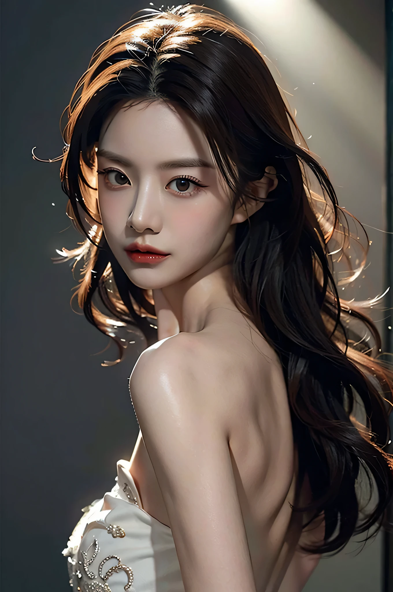 (highest image quality), (masterpiece), (vibrant, photography realistic, Realistic, Dramatic, Dark, Sharp focus, 8K), Close up Face, Highly detailed face and skin texture, sexy white wedding dress, beautiful wedding dress, ethereal beauty, mature asian woman,black long hair, make up, sexy smile, nsfw ,Close up shot, ((backlight))