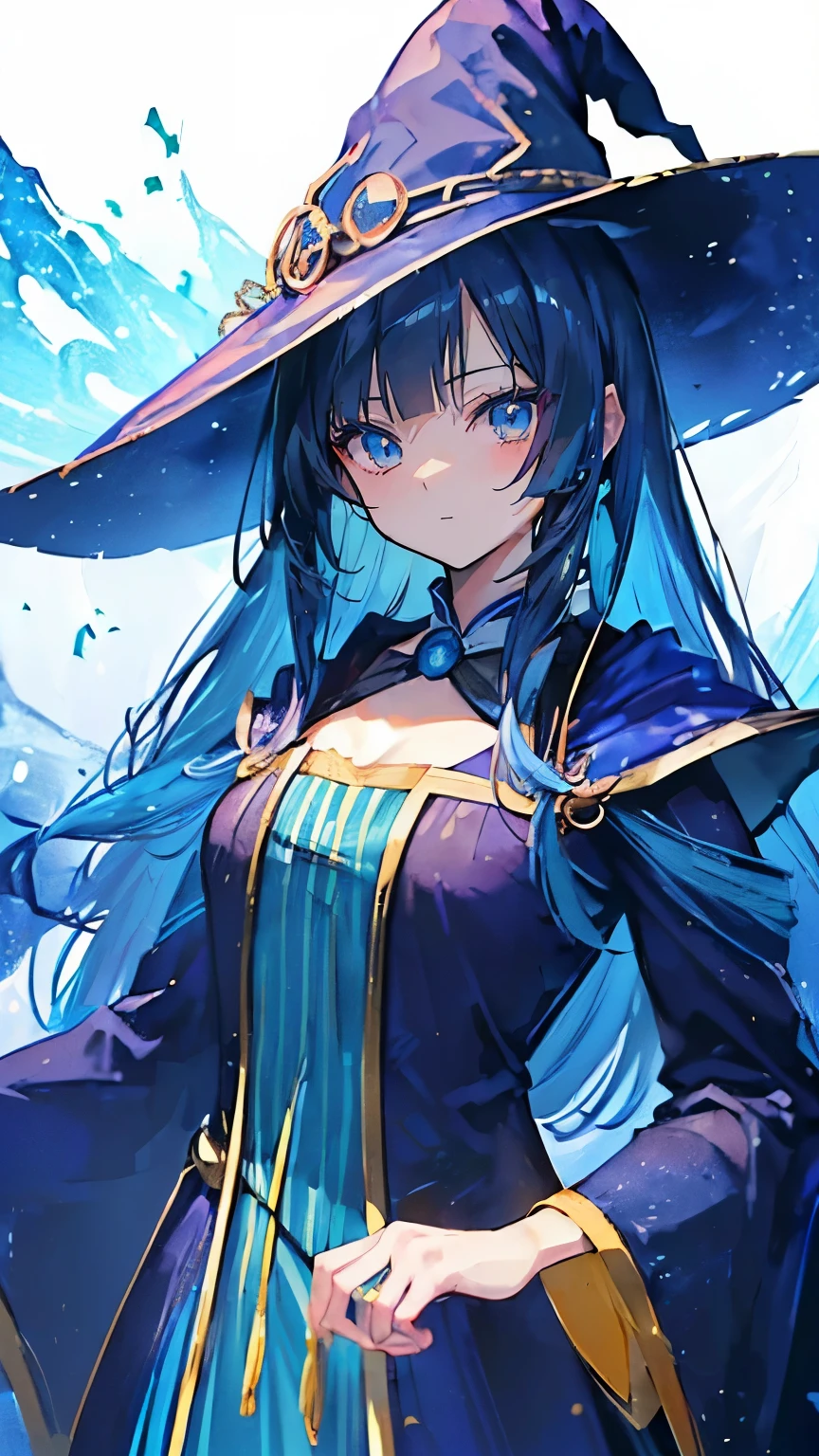 ((magic使いの女の子:1.5)), perfect face, beautiful face, highly detailed face,(blue hair_yellow eyes:1.3),(witch hat:1.3),star,shine,Light,smile,magic,Sparkling,moon