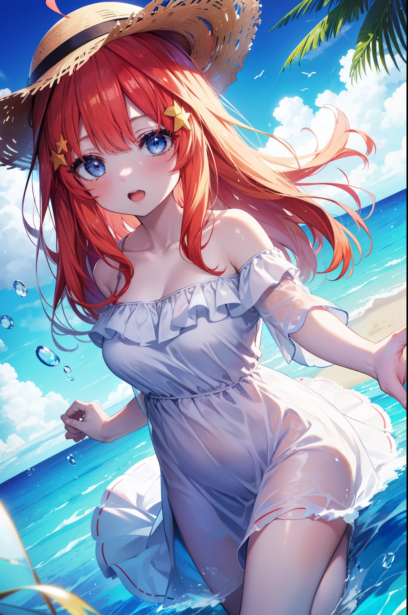 itsukinakano, Itsuki Nakano, bangs, blue eyes, hair between eyes, Ahoge, redhead, star \(symbol\), hair ornaments, star hair ornaments,blush,smiling straw hat,Braid,bare belly,(beach salon), big breasts, ((salon)), beach outfit,  (Laughter:1.1), (open your mouth:1.1), (wide open eyes:1.2), glare of the sun, barefoot,Bokeh, written boundary depth, blurred background, particles of light, strong wind, (heart particles:1.1),Palm tree,
break outdoors, sandy beach,beach,
break (masterpiece:1.2), highest quality, High resolution, unity 8k wallpaper, (shape:0.8), (fine and beautiful eyes:1.6), highly detailed face, perfect lighting, Very detailed CG, (perfect hands, perfect anatomy),