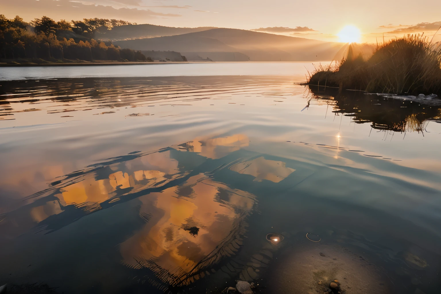 Sunrise at a lakeshore with reflections