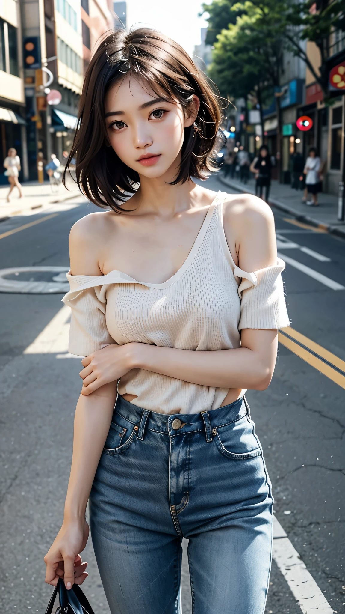 A cute woman who looks like Ann Nakamura、very pretty and slender、outstanding style 、Super high quality、very delicate face, skin and hair、short hair、dark brown hair、Naked Jeans、cover your chest with your arms、in the street、now、busy street、8k images、Very cute Japanese cut-off face、Slender、medium breasts、The eyes and nose stand out clearly、gentle eyes