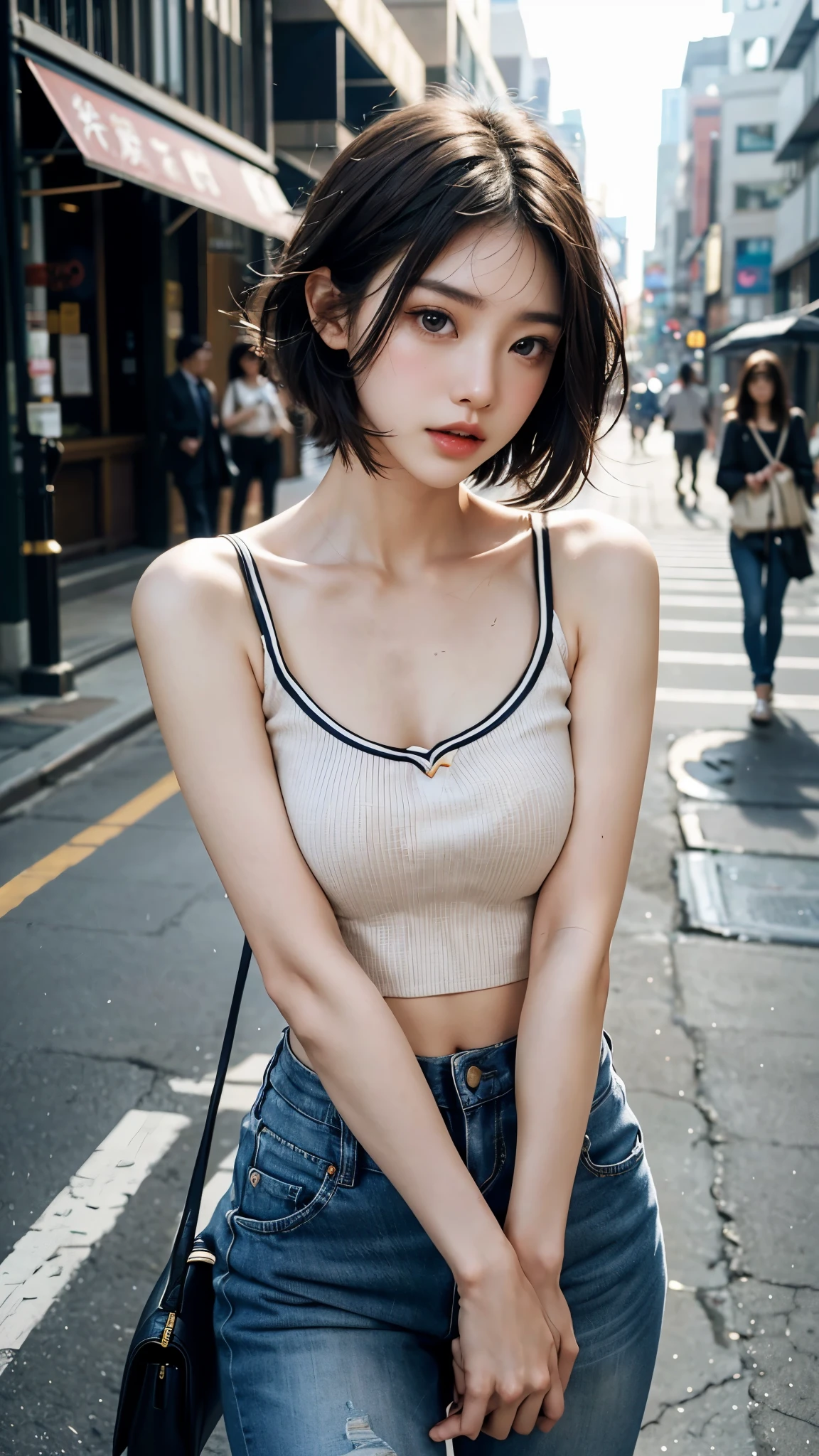 Polychrome, One Girl, , Japanese, night, dark, Black Hair, Straight Short Hair, Show Viewer, Upper Body, Big Breasts, In-person audience, Limited Edition Palette, Black background, Shine,