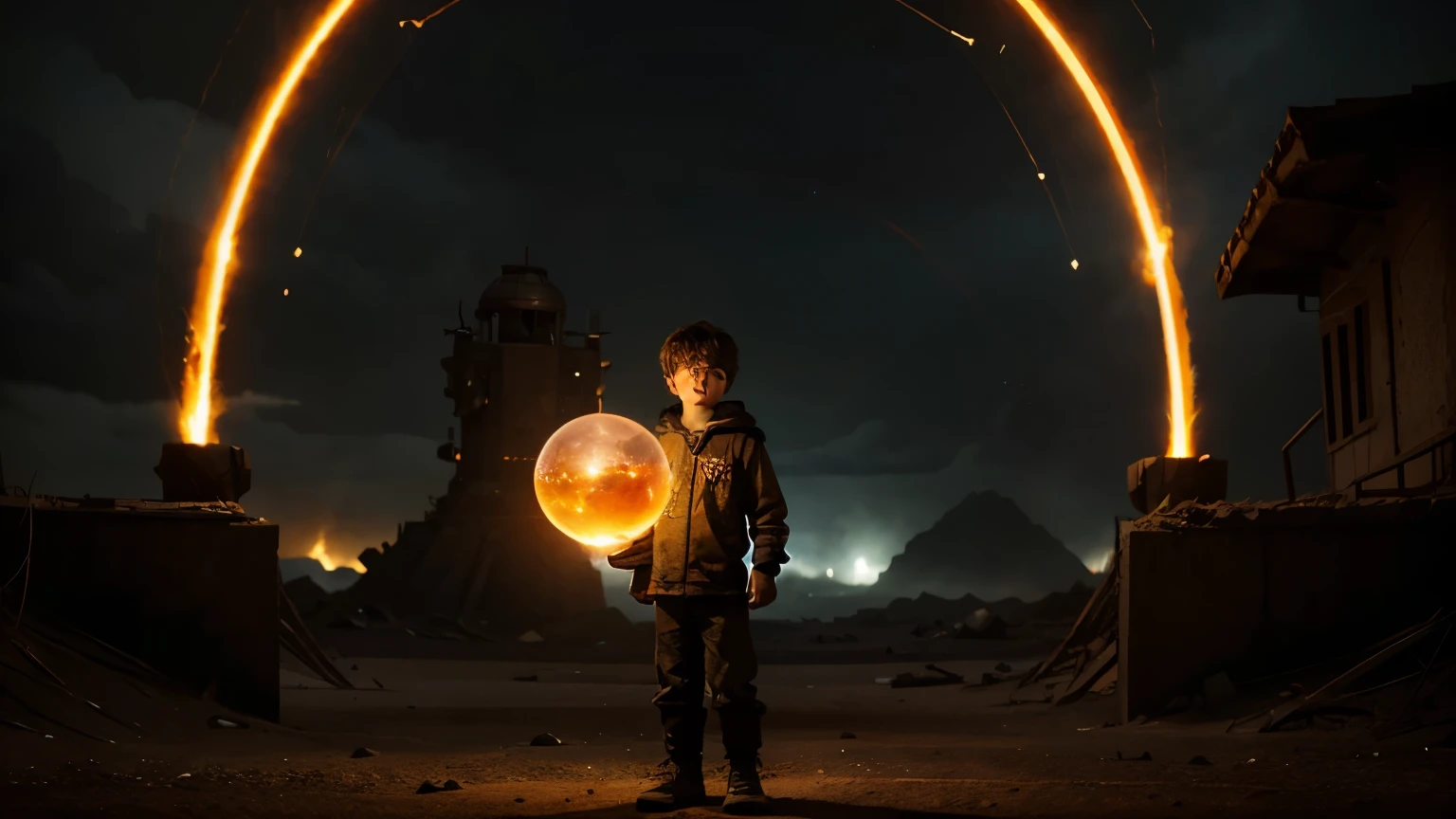 A pixel cartoon game background photo of a boy, clutching an orb in his callused hands. The orb radiates with varied elements: fiery reds and oranges dance at its core, watery blues surround its circumference, wind and earth elements revolving as aextension to the orb. A gentle breeze carries wisps of air across its surface, and earthy browns pepper the base. The setting: an abandoned ancient civilization, where the mood is eerie and mysterious. Robots and remnants of technology linger around the boy, yet the darkness they emit is somewhat subdued by the orb's ethereal glimmers of hope. The background's palette is rich and high definition, lending to the surreal and fantastical atmosphere. The background photo not only focuses on the boy but the atmosphere and setting of the place as well as the villain, a gigantic crazed robot, destroying everything in it's path. While the boy uses the power of the orb to protect and save the world. A war is happening in the background and the boy cluthes the orb to use the power it held.