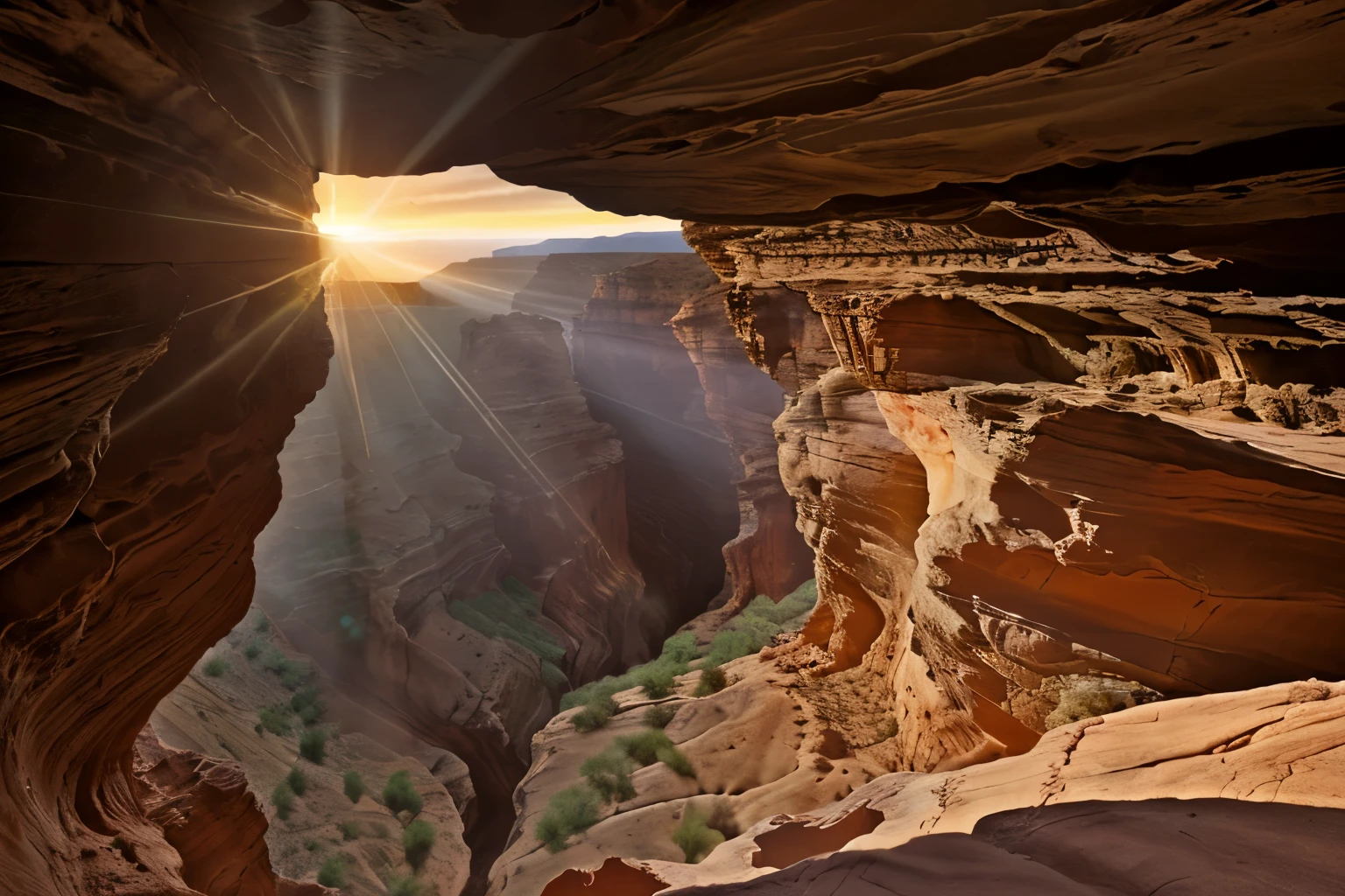 Sunrise in a canyon with light peeking through rock formations