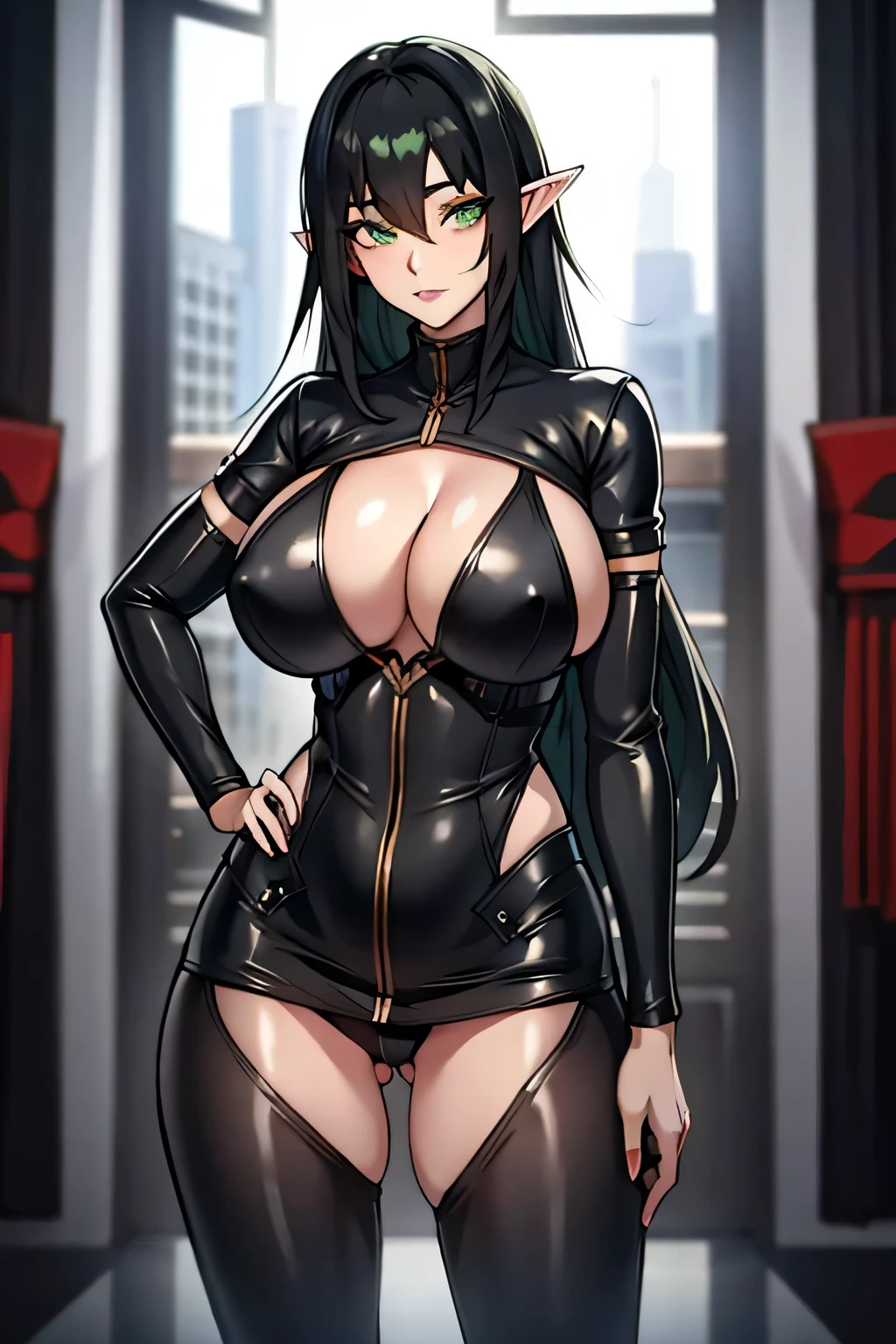 black hair, black colored dress, green eyes, slim elf ears,  gigantic breasts, cleavage, bare legs, ultra-detailed(best quality,highres:1.2), ultra-detailed eyes