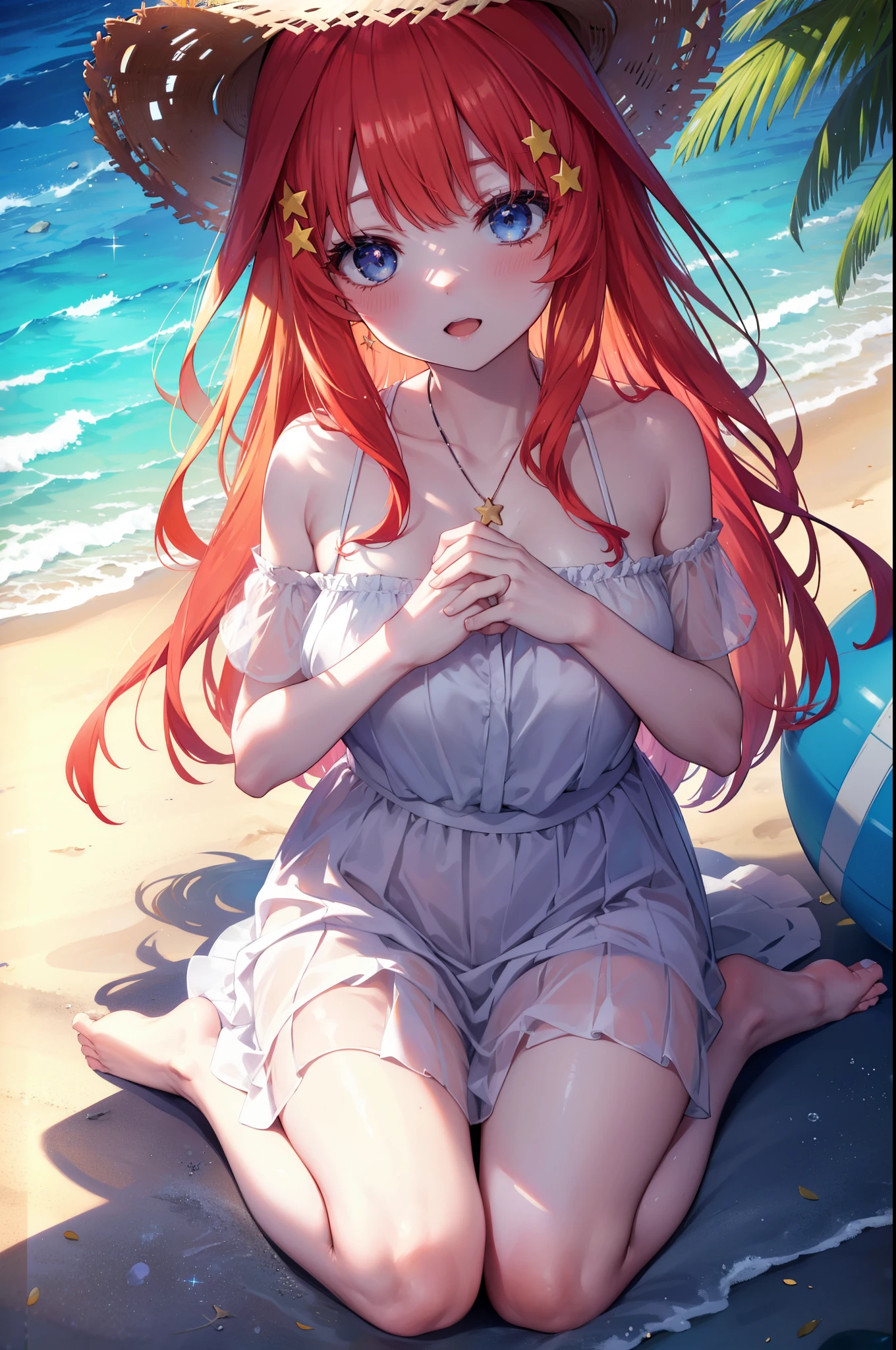 itsukinakano, Itsuki Nakano, bangs, blue eyes, hair between eyes, Ahoge, redhead, star \(symbol\), hair ornaments, star hair ornaments,blush,open mouth smile,straw hat,white off shoulder dress,bare shoulders,bare clavicle,naked neck,white long skirt,barefoot,Lift up the skirt slightly with one hand,beachの砂浜を散歩しながら,red hair fluttering in the breeze,Palm tree,
break outdoors, sandy beach,beach,
break (masterpiece:1.2), highest quality, High resolution, unity 8k wallpaper, (shape:0.8), (fine and beautiful eyes:1.6), highly detailed face, perfect lighting, Very detailed CG, (perfect hands, perfect anatomy),