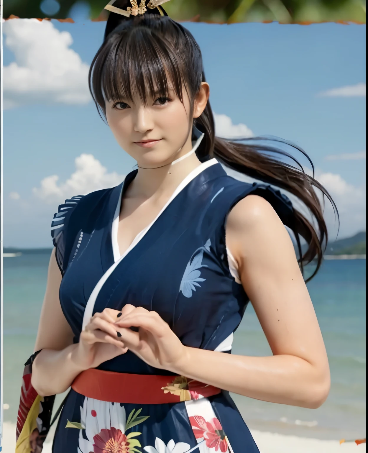 (highest quality:1.2),(perfect beautiful face:1.2),(perfect and beautiful posture:1.2),(japanese woman:1.1), ponytail hair,On the beach of a deserted island, smile, (Chunky muscular body:1.2),Ultra-high precision photos,clear eyes, (blue japanese clothes:1.3),(DOAKasumi:1.1)