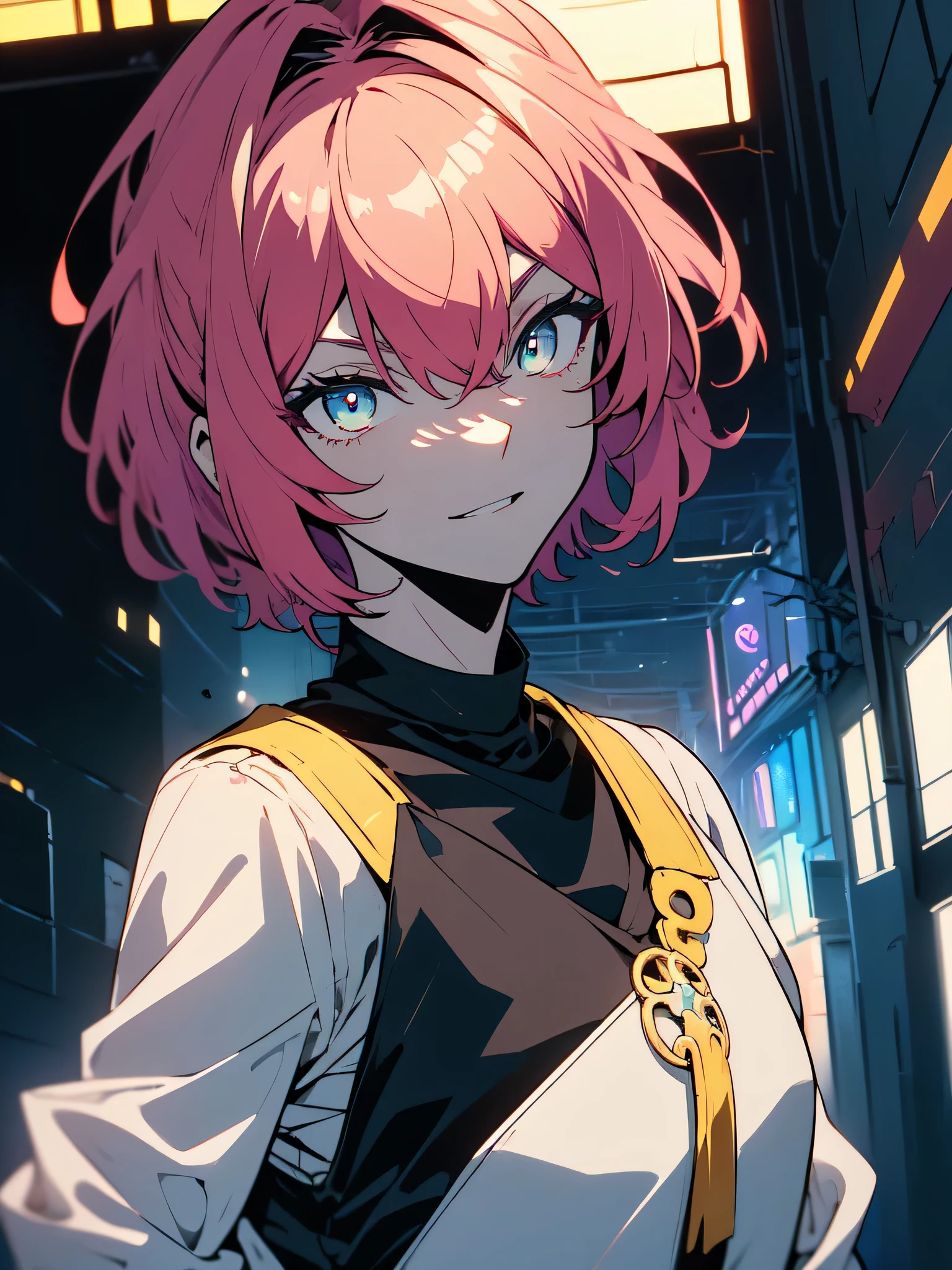 (masterpiece, highest quality、be familiar with)、(shining eyes), ((one young man)),((cool boy))、(Terracotta-colored hair,inner color)、colorful eyes,serious expression, evil smile,line drawing,((mash hair,short hair))、messy hair、(twist perm),(asymmetrical hair、two block hair),white blazer,black t-shirt,expressionless eyes,((beautiful animeスタイル))、(dark and serious background),(dark back alley)、(downtown at night)、beautiful anime