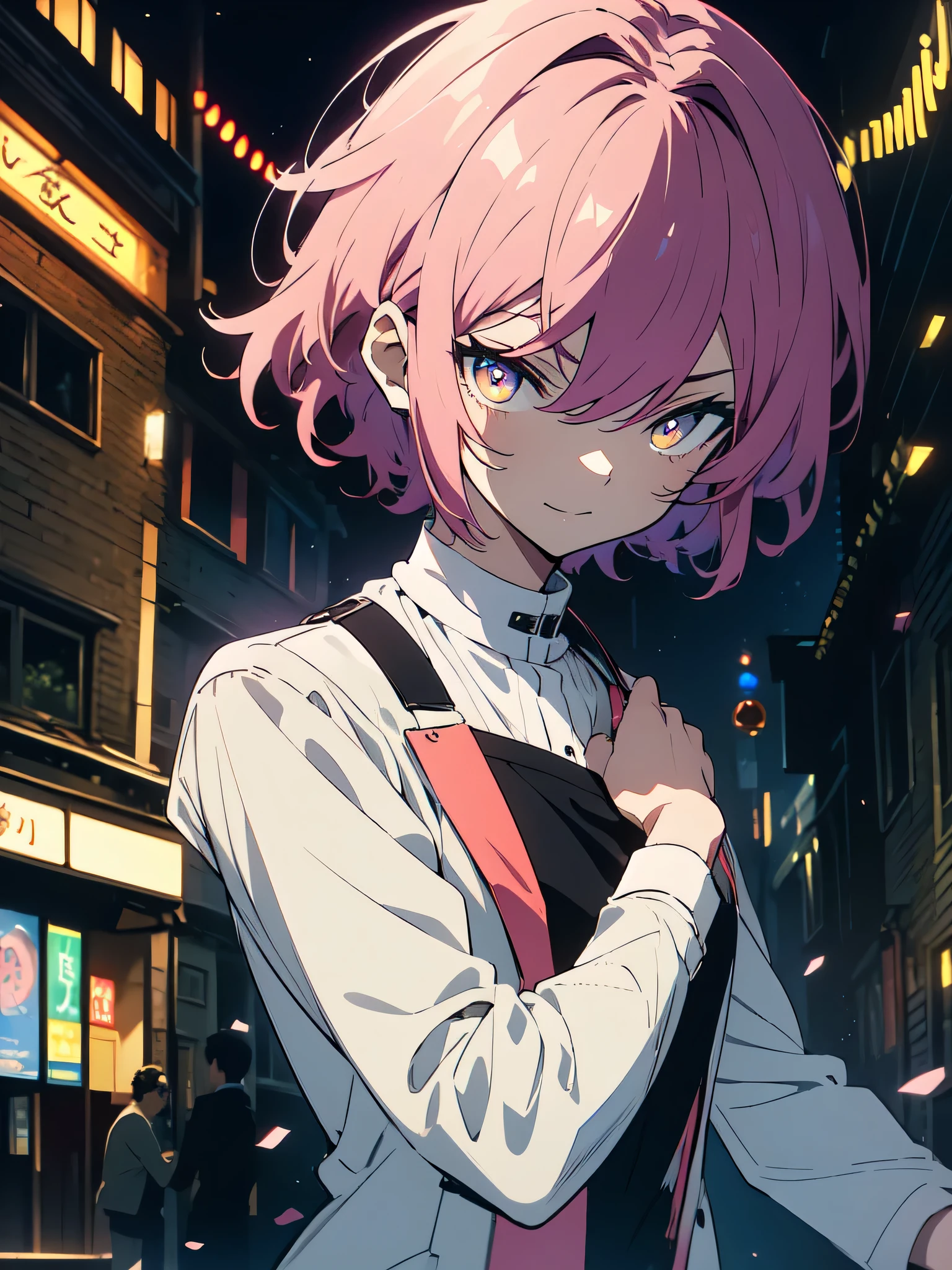 (masterpiece, highest quality、be familiar with)、(shining eyes), ((one young man)),((cool boy))、(Terracotta-colored hair,inner color)、colorful eyes,serious expression, evil smile,line drawing,((mash hair,short hair))、messy hair、(twist perm),(asymmetrical hair、two block hair),white blazer,black t-shirt,expressionless eyes,((beautiful animeスタイル))、(dark and serious background),(dark back alley)、(downtown at night)、beautiful anime