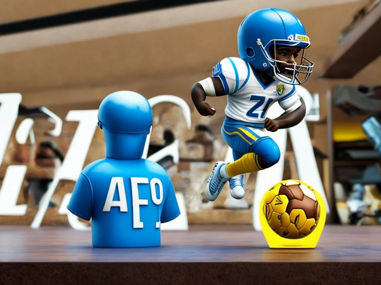 A realistic photo small statue of football player and in behind him a clear acrylic or glass prize with cute face as well yellow and blue shirt and number 00, hold glass prize ball in rectangular shape with geometric design on it and there is one word BETHINHO, similar to the fact that this photo was taken in a sports museum