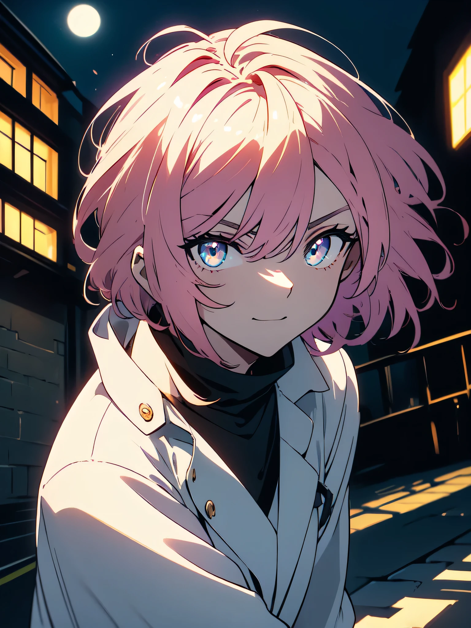 (masterpiece, highest quality、be familiar with)、(shining eyes), ((one young man)),((cool boy))、(Terracotta-colored hair,inner color)、colorful eyes,serious expression, evil smile,line drawing,((mash hair,short hair))、messy hair、(twist perm),(asymmetrical hair、two block hair),white blazer,black t-shirt,expressionless eyes,((beautiful animeスタイル))、(dark and serious background),(dark back alley)、(downtown at night)、beautiful anime