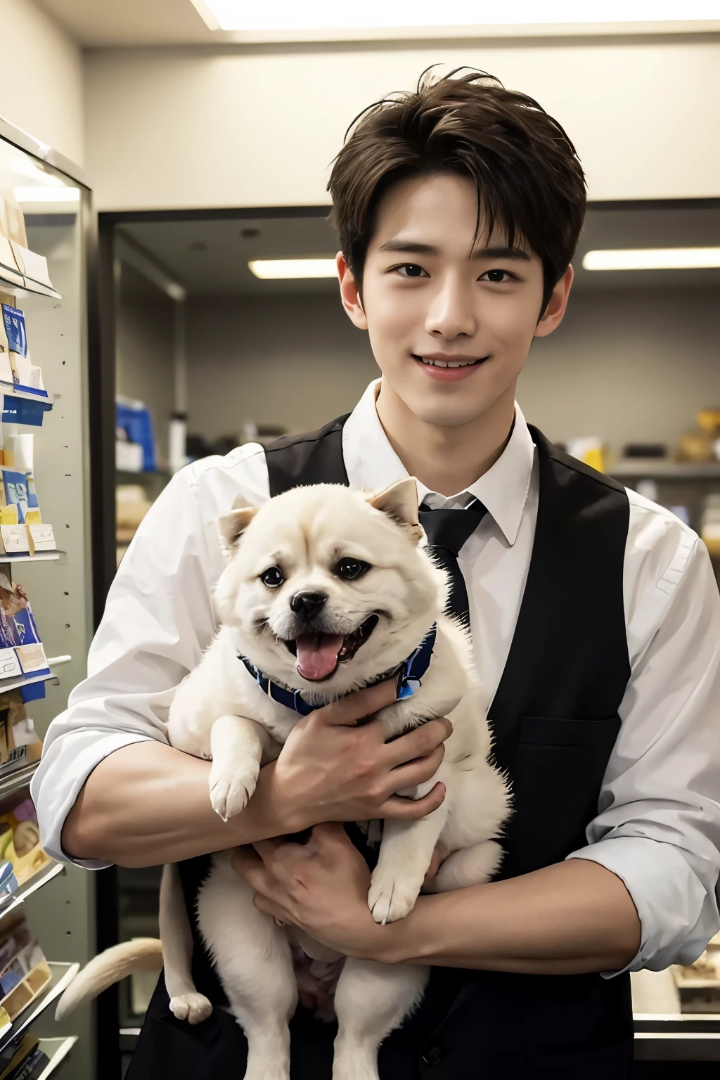 Japan. Akihabara pet shop, Tokyo. Handsome clerk. highest quality, masterpiece, ultra high resolution Looking at me and smiling Bright lighting in warm colorodern room stylish fashion