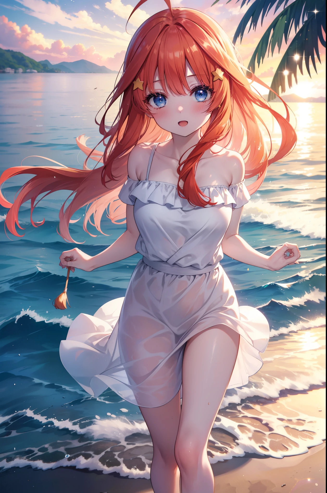 itsukinakano, Itsuki Nakano, bangs, blue eyes, hair between eyes, Ahoge, redhead, star \(symbol\), hair ornaments, star hair ornaments,blush,open mouth smile,straw hat,white off shoulder dress,bare shoulders,bare clavicle,naked neck,white long skirt,barefoot,Lift up the skirt slightly with one hand,While walking along the sandy beach,red hair fluttering in the breeze,Palm tree,
break outdoors,
break (masterpiece:1.2), highest quality, High resolution, unity 8k wallpaper, (shape:0.8), (fine and beautiful eyes:1.6), highly detailed face, perfect lighting, Very detailed CG, (perfect hands, perfect anatomy),