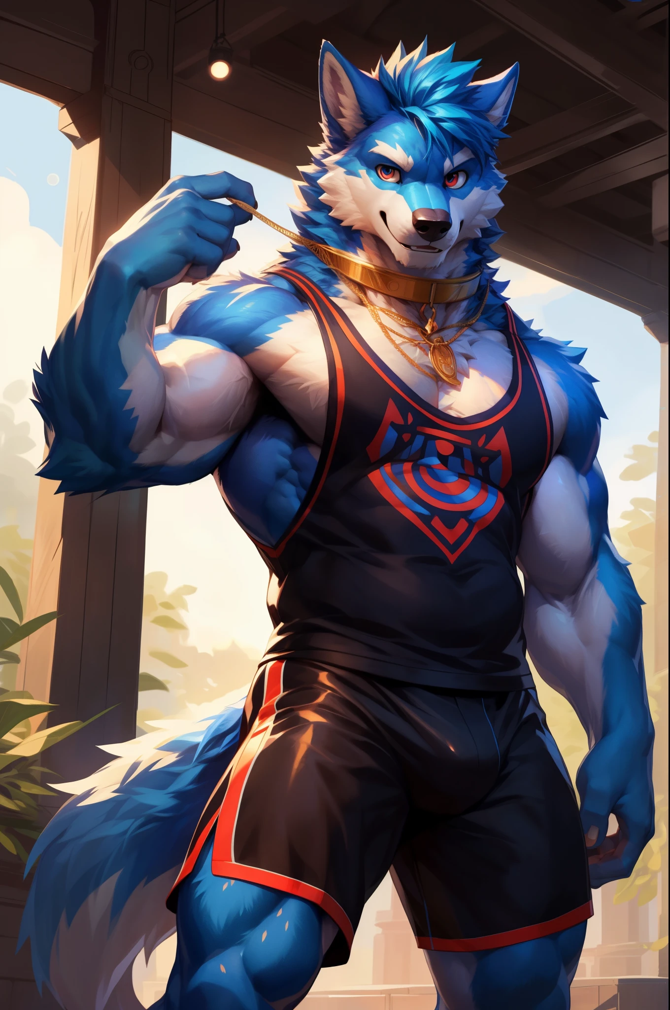 solo,anthro,furry,furry male, Wolf, ((fluffy fur,fluffy,furry body)), (Blue fur, ancient Wolf print), (blue body), Blue mohawk, red eyes, (bright red eyes) short messy hair, tail, blue hair, sky blue eyes, detailed fluffy fur, black sport tank top, detailed face, detailed eyes, dark blue shorts, Gold trimming, gold trim, black tank top, crest, string necklace, crystal, blue pendant, detailed clothes, shirt, detailed tank top, tight shorts, metal collar, gold straps, white muzzle, full body, muscular, fantasy outdoors, (by null-ghost, by racoon21, masterpiece, high quality,hi-res,8k had), standing,close-view portrait, looking at viewer, indoor, lights, happy expression, smile, dark shadows, flowers, pose, gym equipment, sunny day,