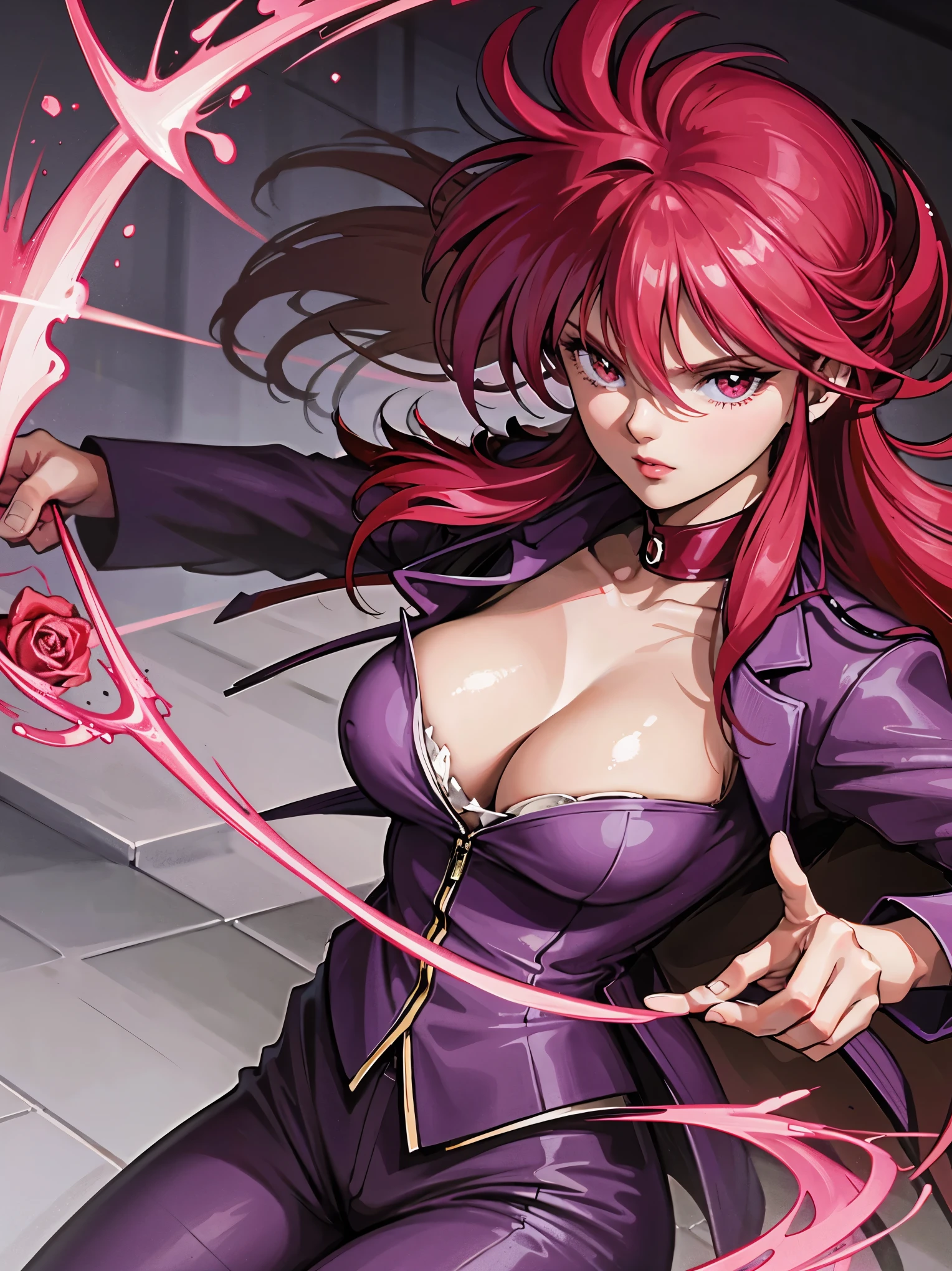 A woman wears a red purple school jacket with a tight collar, and the front button is undone to reveal the intense cleavage of her huge breasts.  You can also see a little of her nipples.  She wields a whip of thorns.  A night classroom surrounded by thorns.  A single rose in my chest, a beautiful moonlit night. 4k, best quality, realistic, detailed