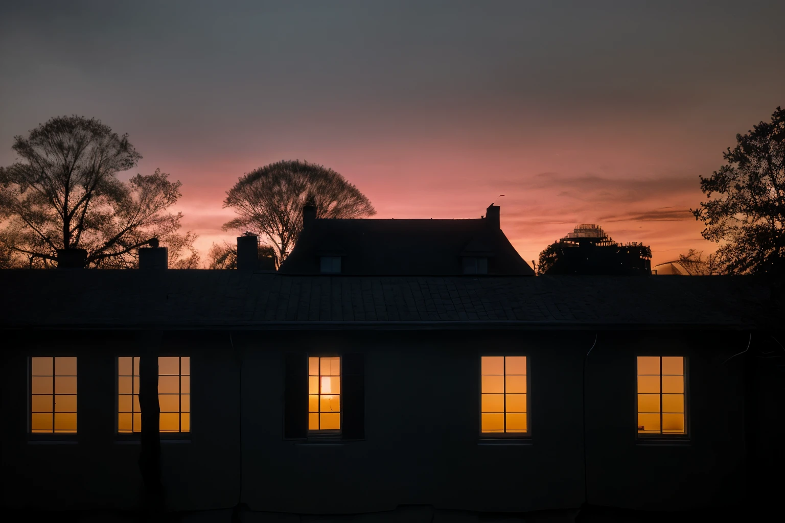 Silhouettes: Trees, buildings, or landscapes outlined against the fading light.