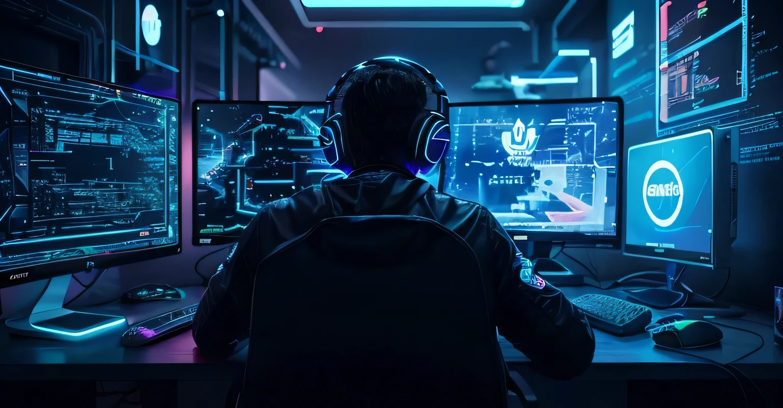  usando computador, duas telas, screen with graphics, resultados, quarto escuto, luzes neon, crescimento, marketing, cadeira gamer, cup of coffe, fone de ouvido, dinheiro, escuro, Ciberpunk, tecnologia
