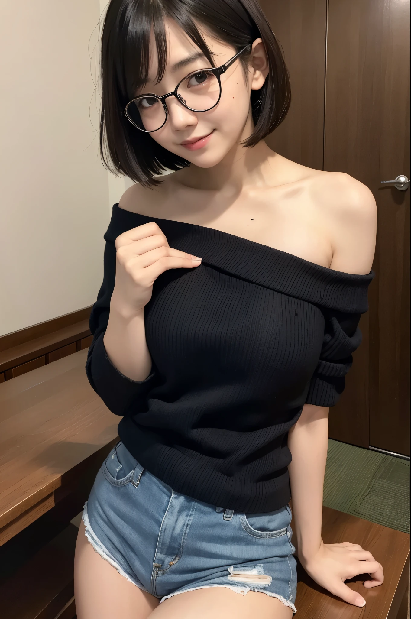 ((japanese girl)), 8k, RAWphotograph, highest quality, super detailed, ultra high resolution, realistic, photorealistic like photograph, High definition RAW color photography, professional photography, very detailed, 8k Wallpaper, wonderful, finely, huge file size, very detailed顔, very detailed目, very detailed肌, very fine fingers, very detailed鼻, very detailed口, perfect anatomy, very detailed背景, realistic body, good figure, blown hair, (bob cut), cute face, photograph, (Smile), perfect skin, perfect anatomy, big breasts,cleavage (round glasses), (off shoulder knit), (mole), ((atami)), high angle shot, flowing bangs, full body shot,shorts