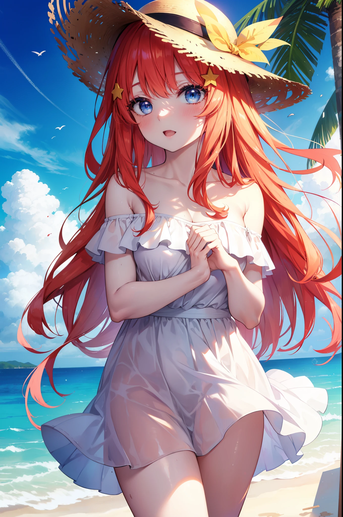 itsukinakano, Itsuki Nakano, bangs, blue eyes, hair between eyes, Ahoge, redhead, star \(symbol\), hair ornaments, star hair ornaments,blush,open mouth smile,straw hat,white off shoulder dress,bare shoulders,bare clavicle,naked neck,white long skirt,barefoot,Lift up the skirt slightly with one hand,While walking along the sandy beach,red hair fluttering in the breeze,Palm tree,
break outdoors,
break (masterpiece:1.2), highest quality, High resolution, unity 8k wallpaper, (shape:0.8), (fine and beautiful eyes:1.6), highly detailed face, perfect lighting, Very detailed CG, (perfect hands, perfect anatomy),