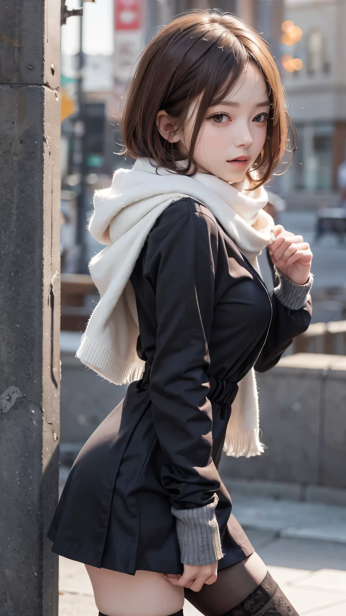 (close:1.4)、 (RAW photo:1.2)、(realistic:1.4)、(masterpiece:1.3)、(highest quality:1.4)、dream-like、(fine eyes)、(detailed facial features)、(Detailed features of garments)、skin tightening、(shiny skin)、(slender girl)、(slim girl)、one girl、(whole body)、alone、cute、Smile、(huge breasts)、bangs、short bob、black hair、black eye、long scarf、long coat、White wool sweater、mini skirt、black thick pantyhose、snow boots、snow boots、(leaning forward:1.2)、sexy legs、